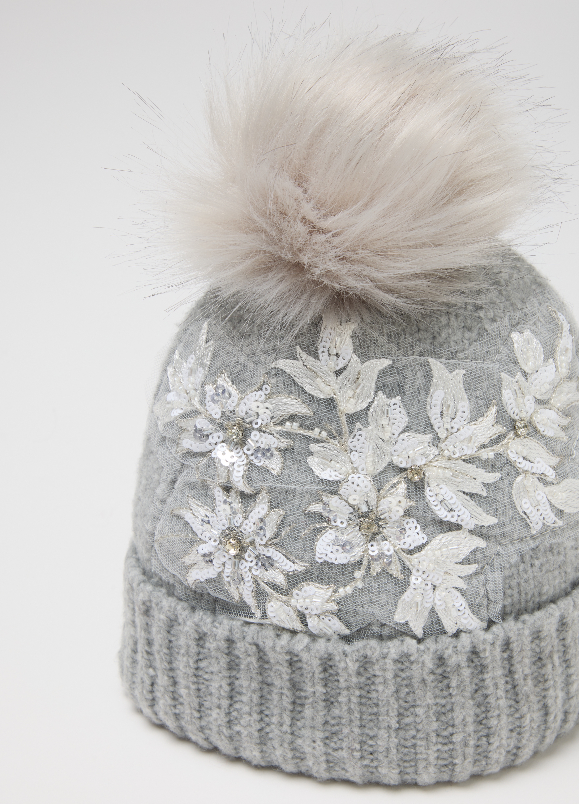 Stefanel - Berretto grigio con pon pon, Donna, Grigio chiaro, Taglia ONE SIZE