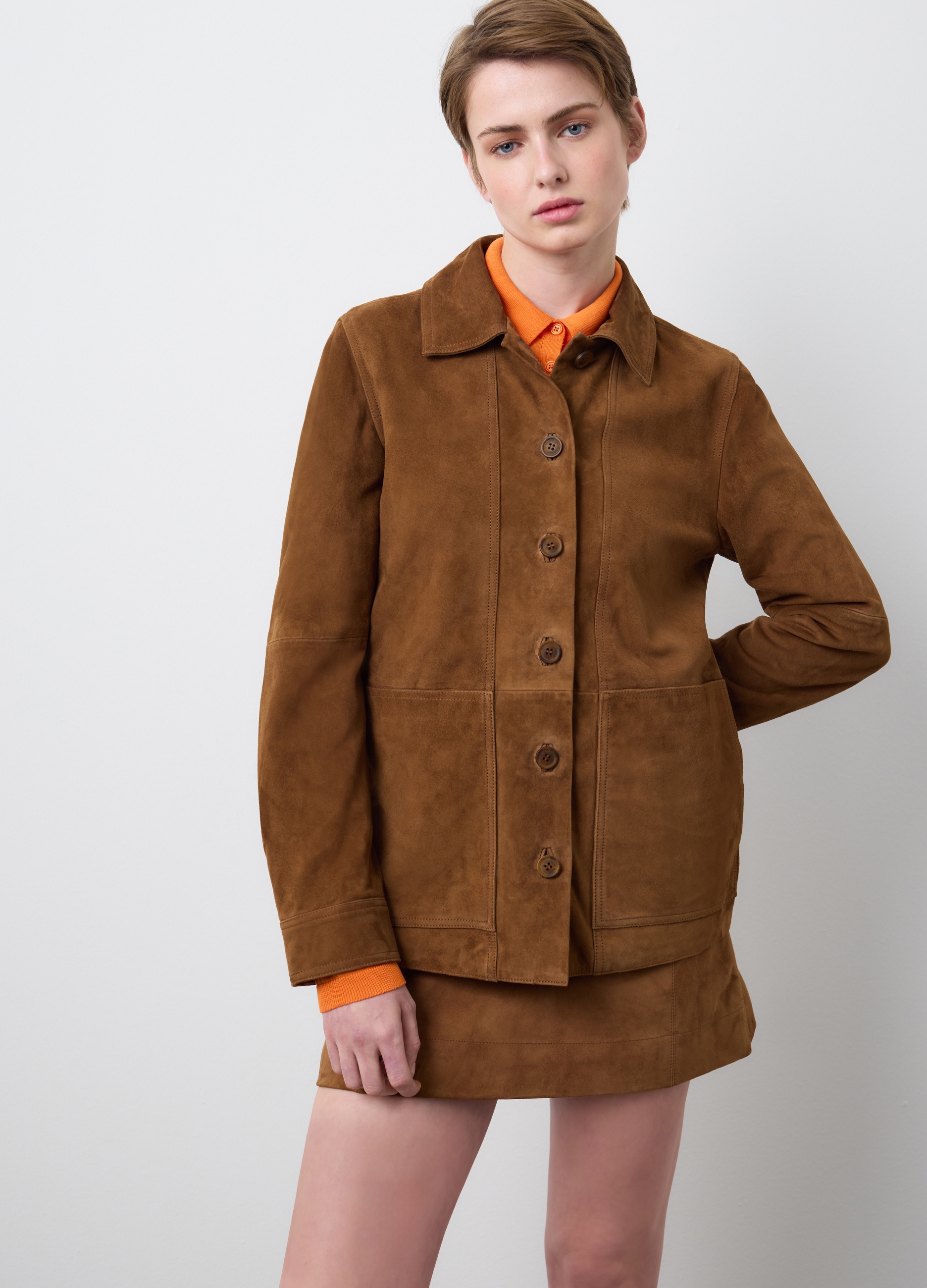 Stefanel - Giacca in vera pelle marrone regular fit con bottoni, Donna, Marrone chiaro, Taglia XS