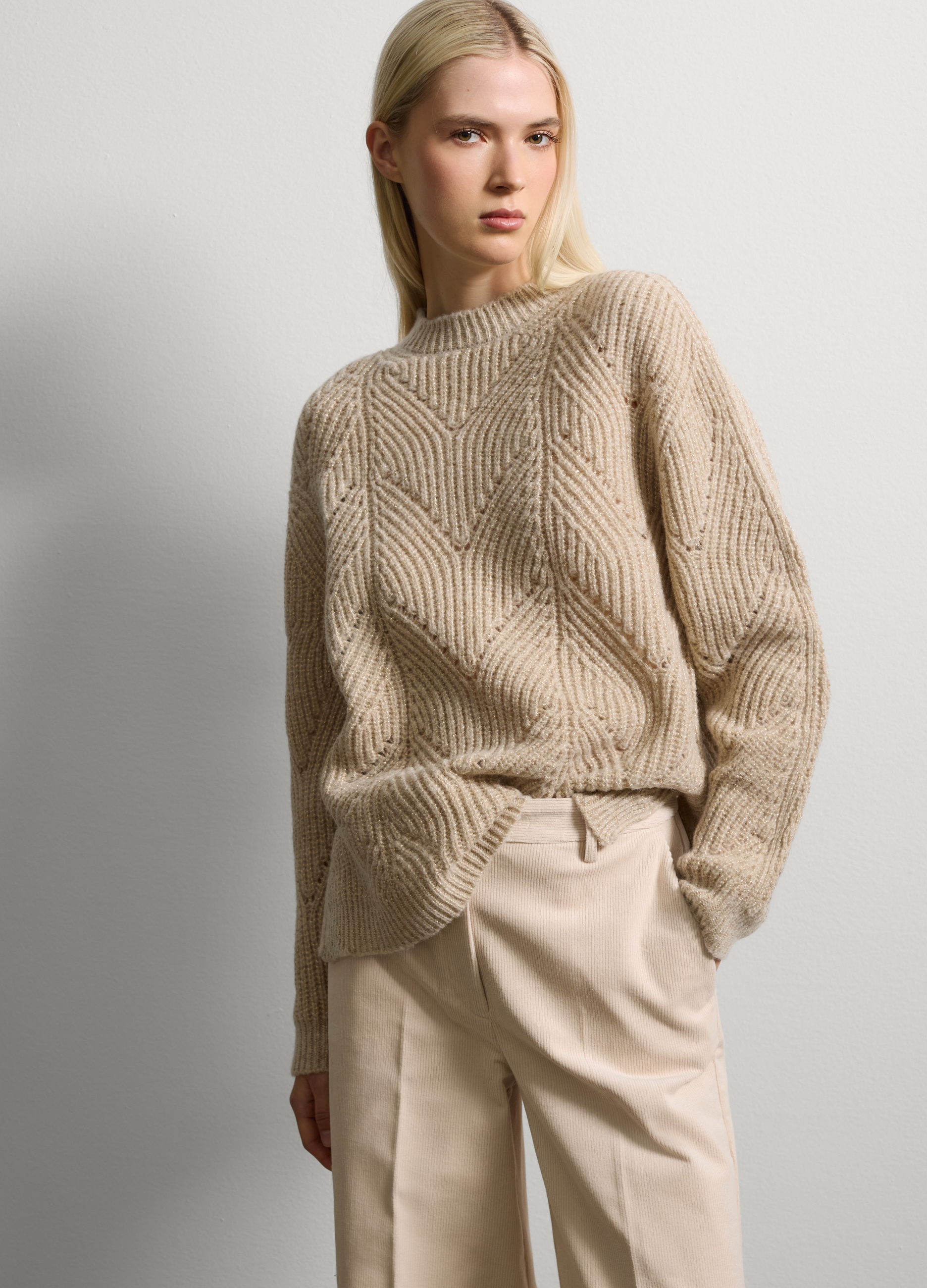 Stefanel - Maglione beige in lana vergine, Donna, Beige chiaro, Taglia XS