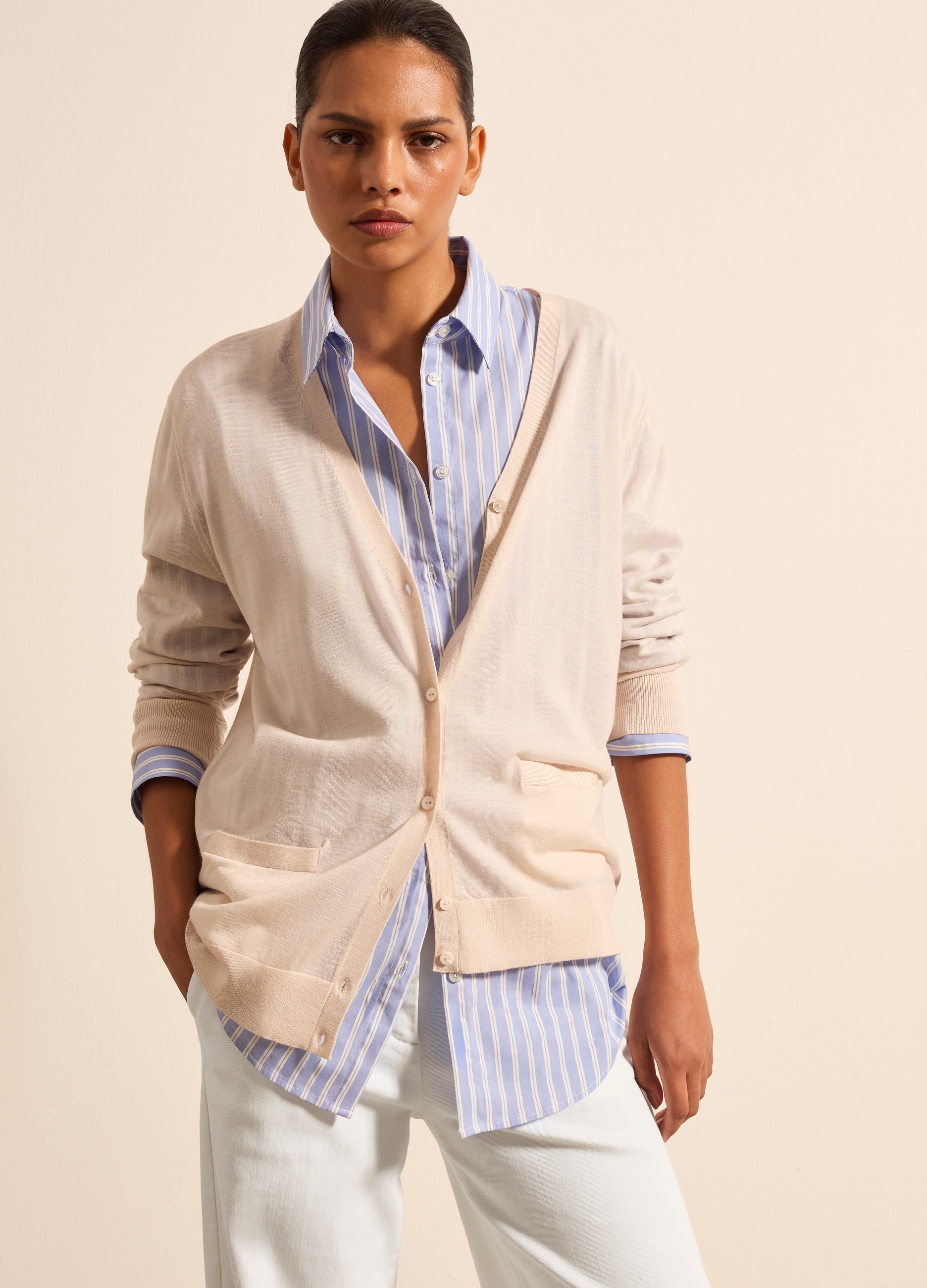 Stefanel - Cardigan in lana con scollo a V, Donna, Rosa cipria, Taglia XS