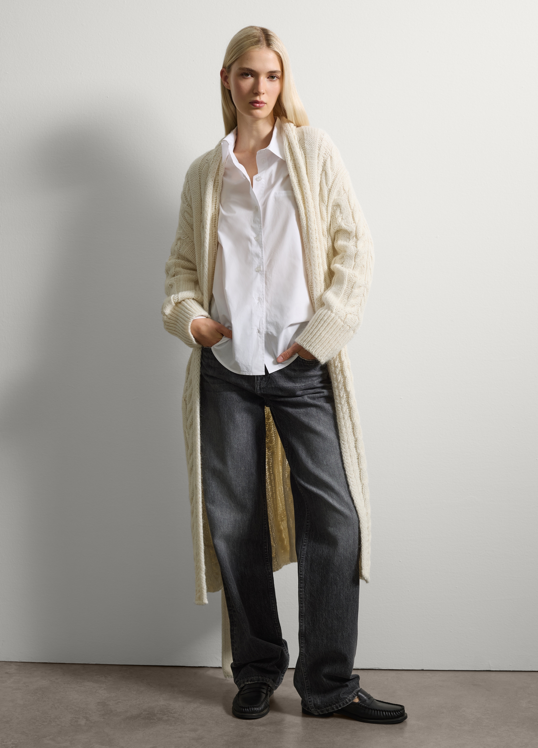 Stefanel - Cardigan bianco lungo in lana e alpaca, Donna, Bianco lana, Taglia M