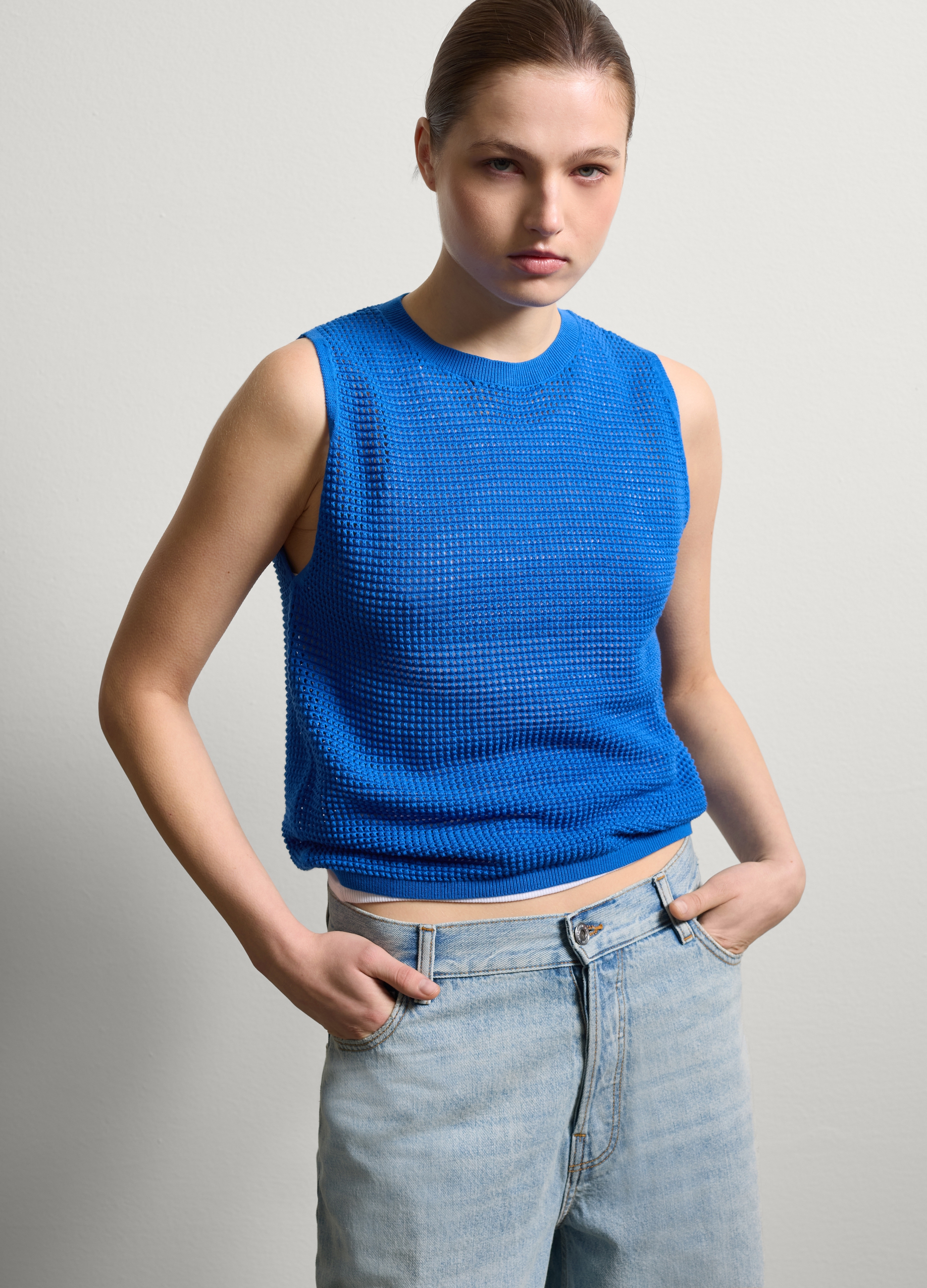 Stefanel - Tank top con micro trama traforata, Donna, Blu royal, Taglia M