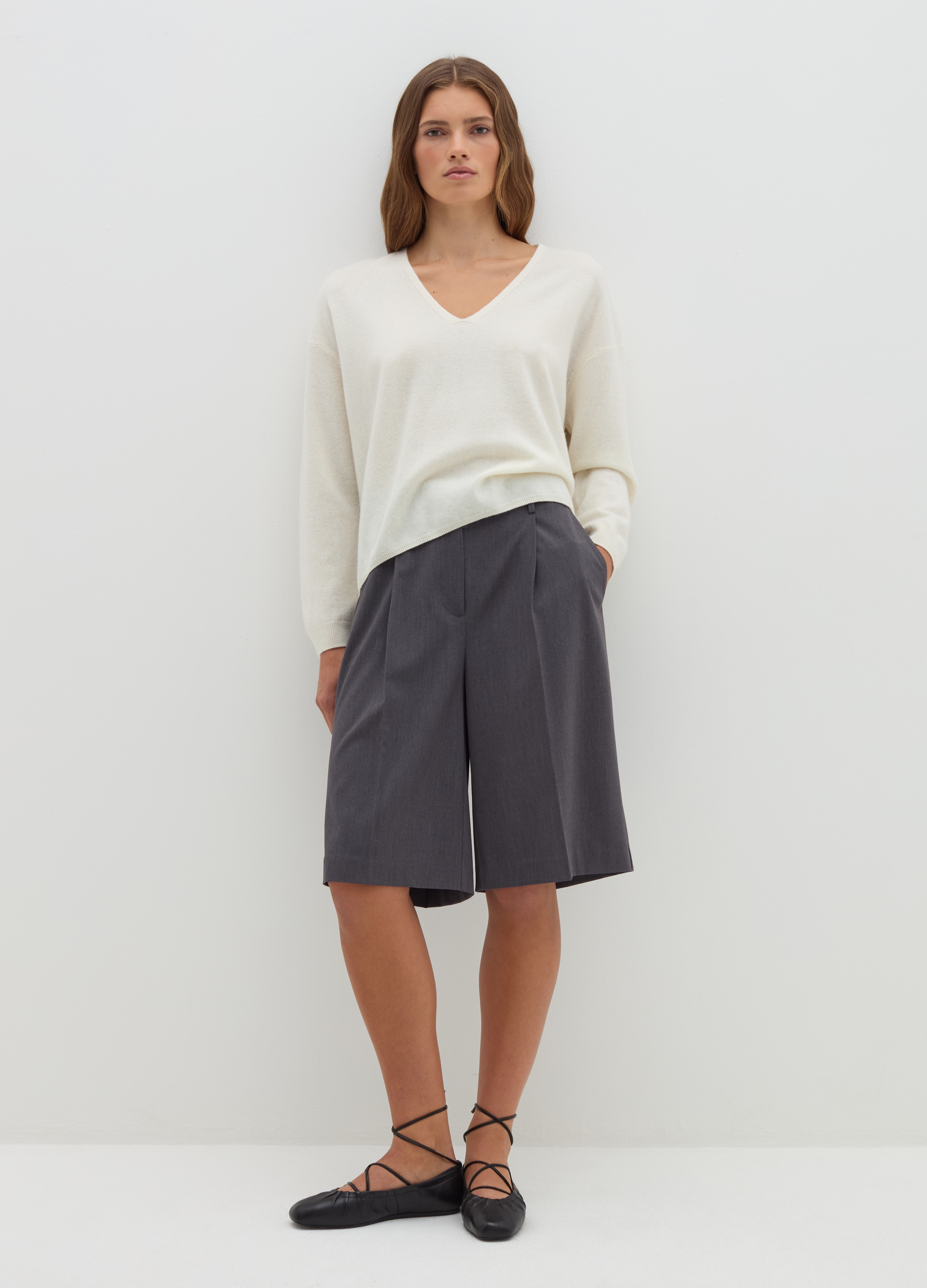 Stefanel - Pullover in lana e cashmere con scollo a V, Donna, Bianco ottico, Taglia L