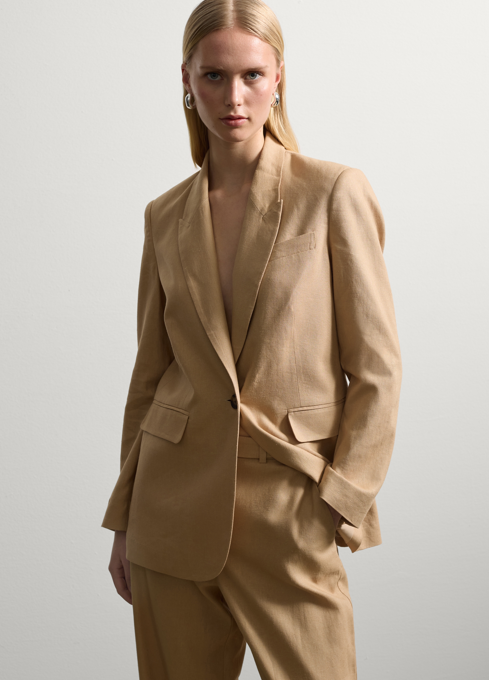 Stefanel - Blazer monopetto in lino e viscosa, Donna, Beige scuro, Taglia 38