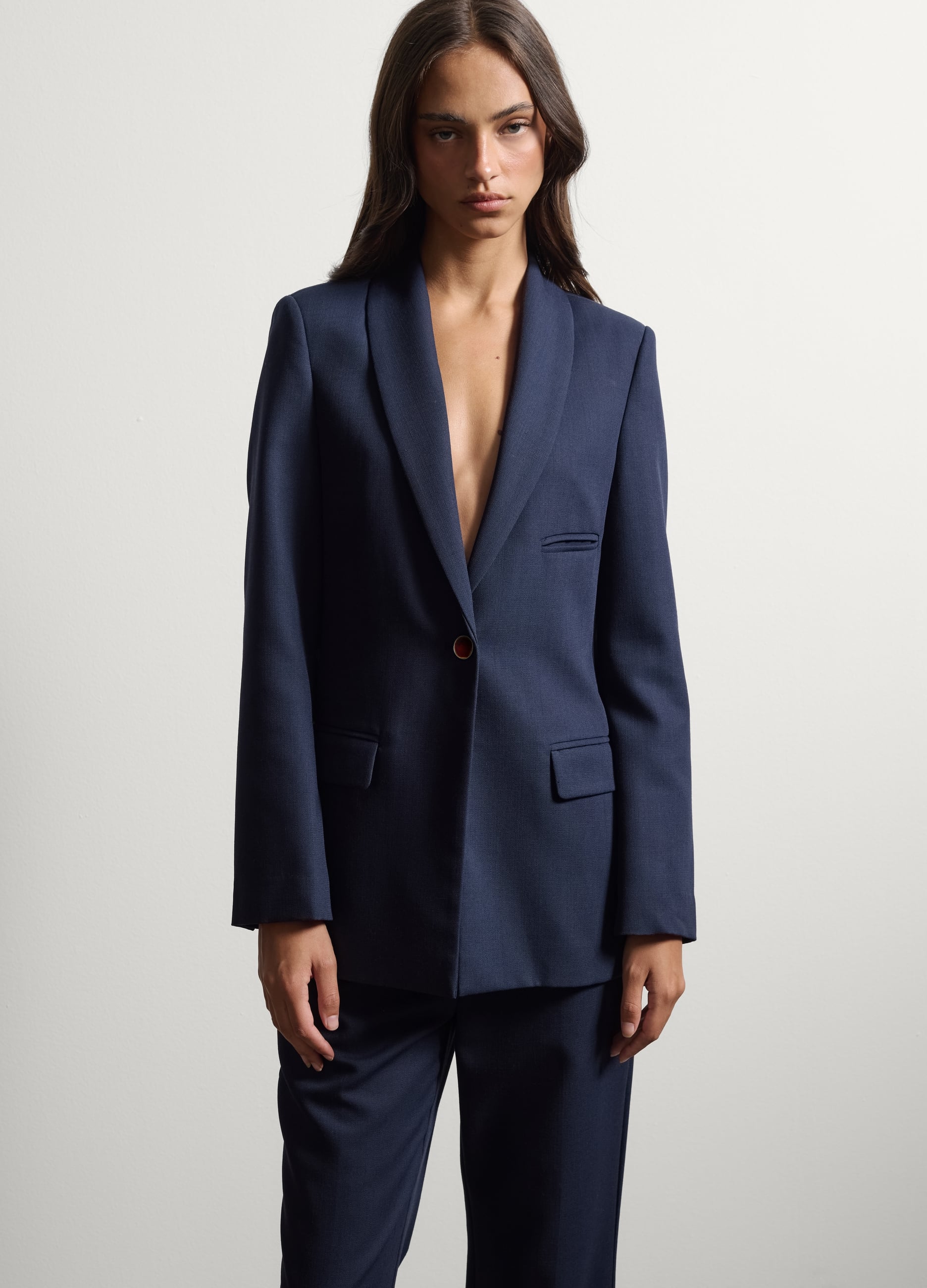 Stefanel - Navyblauer Regular-Fit-Blazer aus Wollmix mit klassischem Revers, Damen, Marineblau