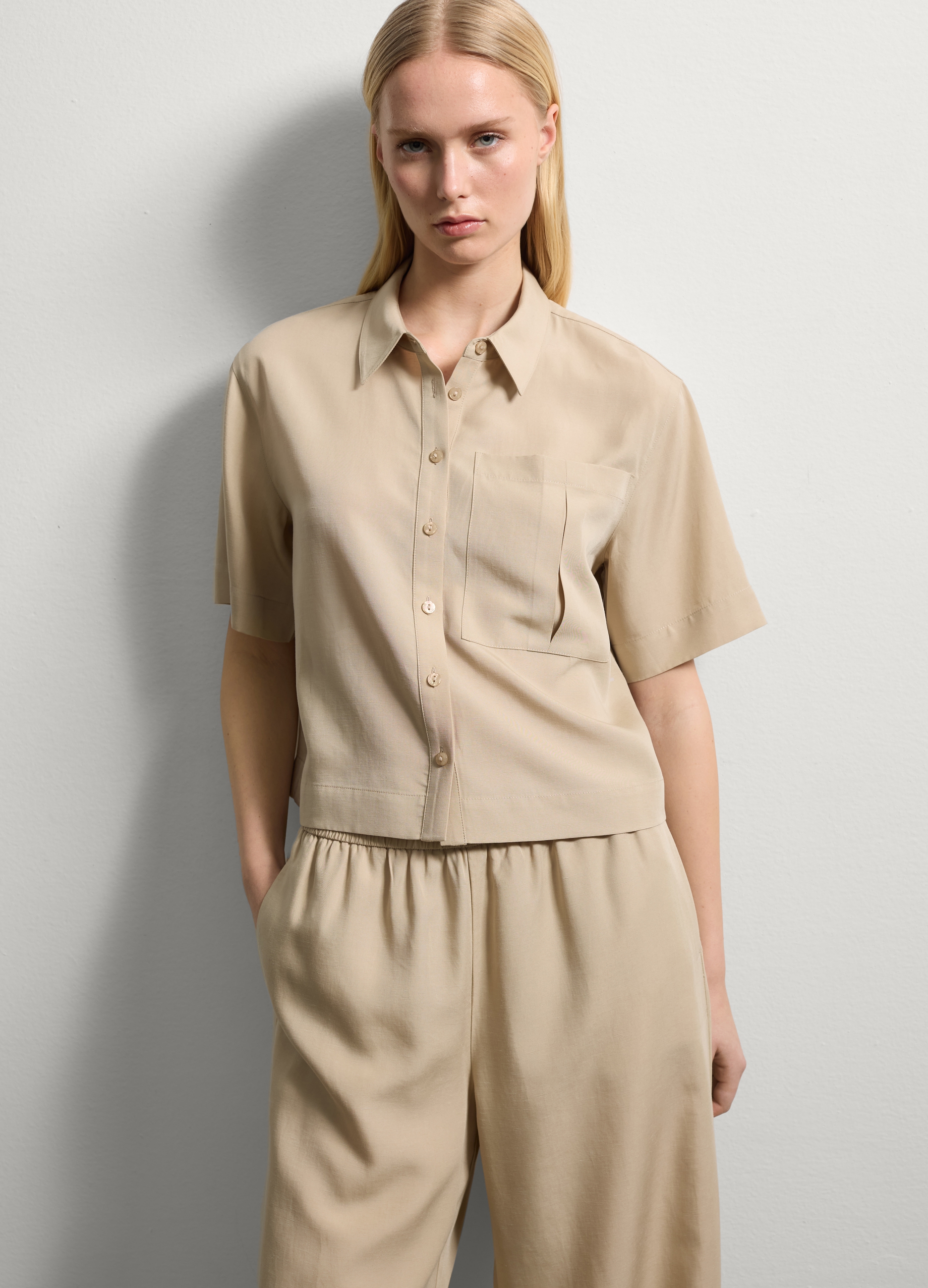 Stefanel - Shacket cropped con tasca, Donna, Beige chiaro, Taglia XS