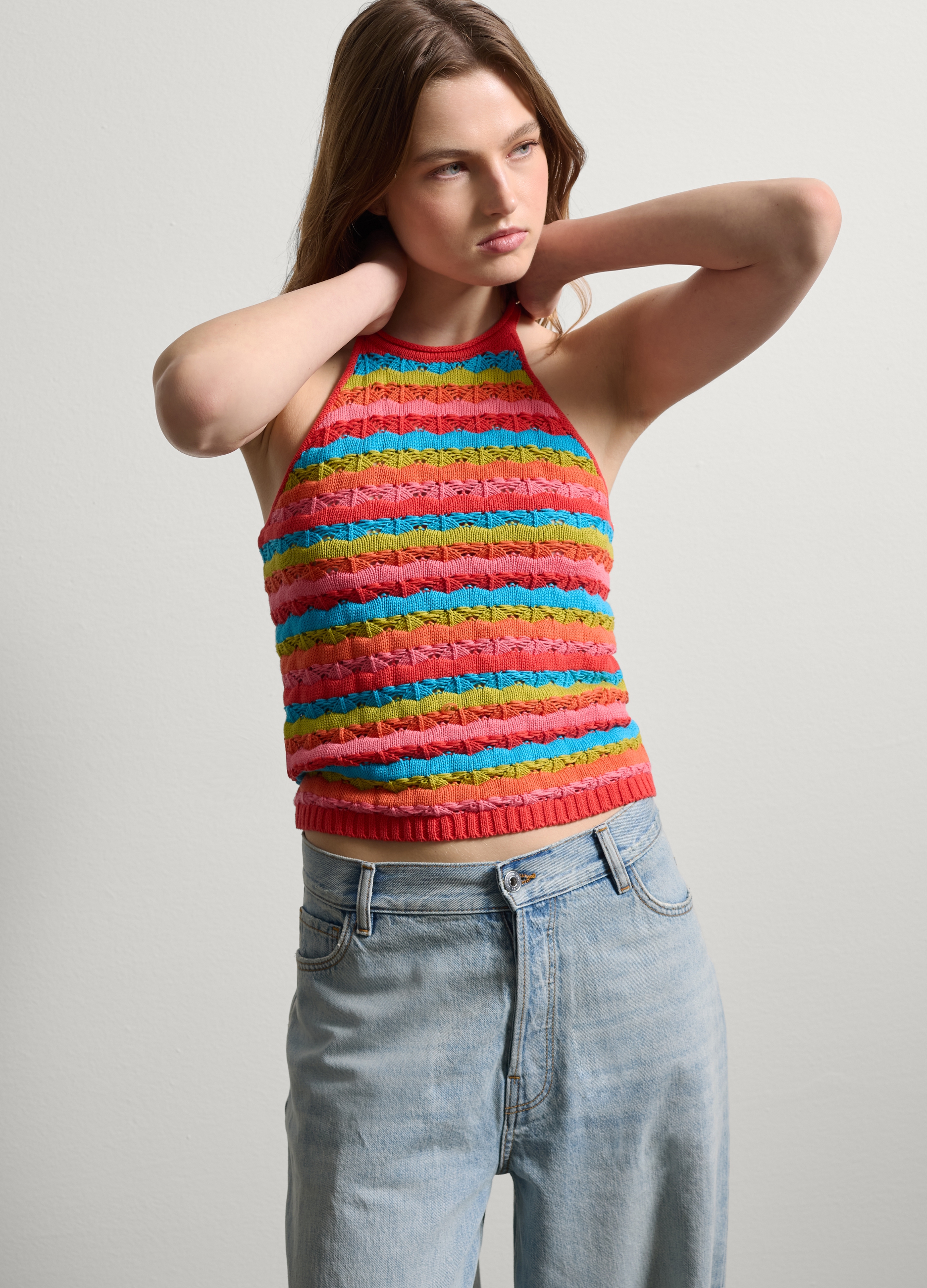 Stefanel - Tank top crochet a righe multicolor, Donna, Azzurro/Rosso, Taglia M