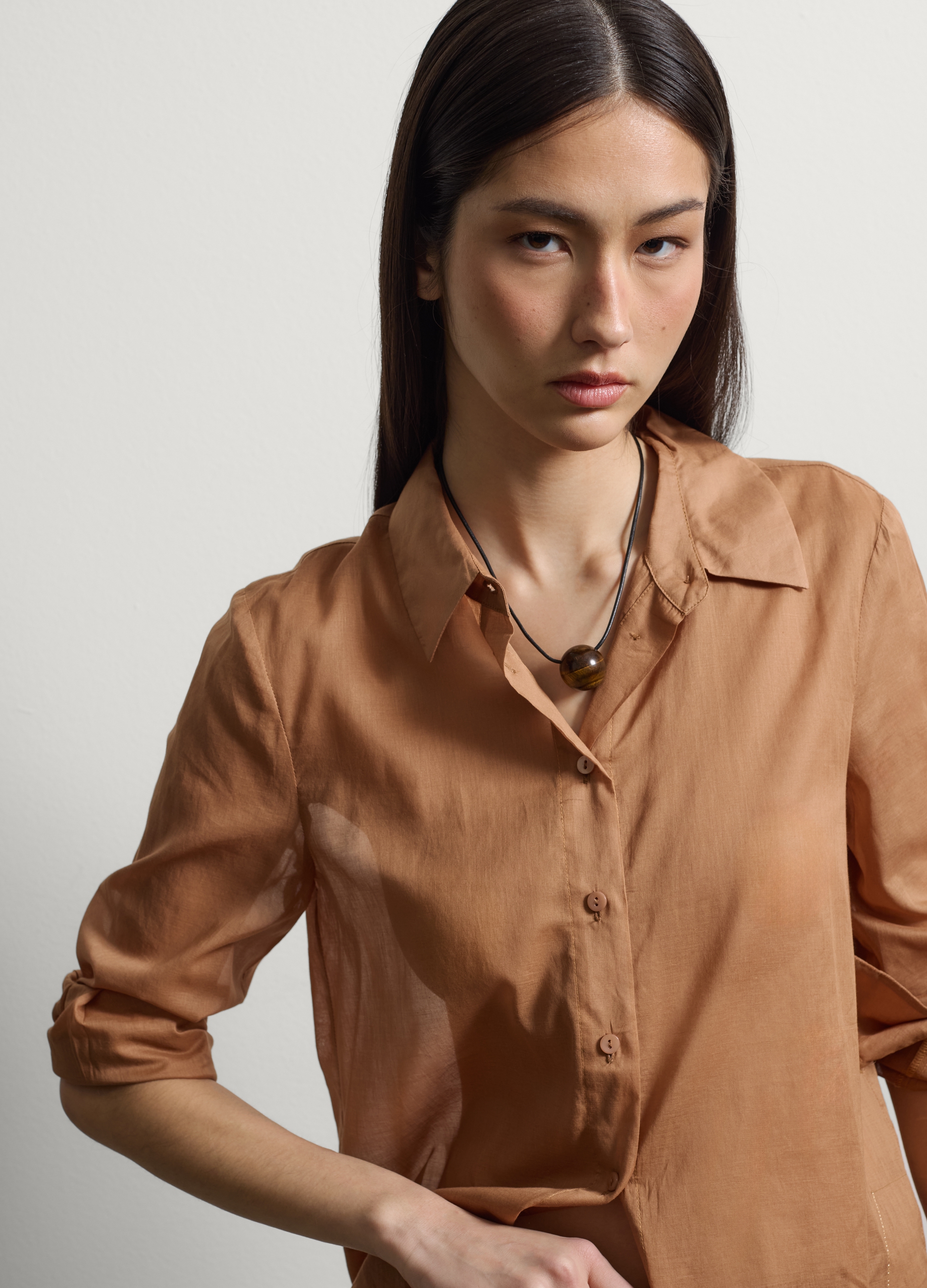 Stefanel - Camicia marrone a maniche lunghe in puro cotone regular fit, Donna, Marrone chiaro, Taglia 38