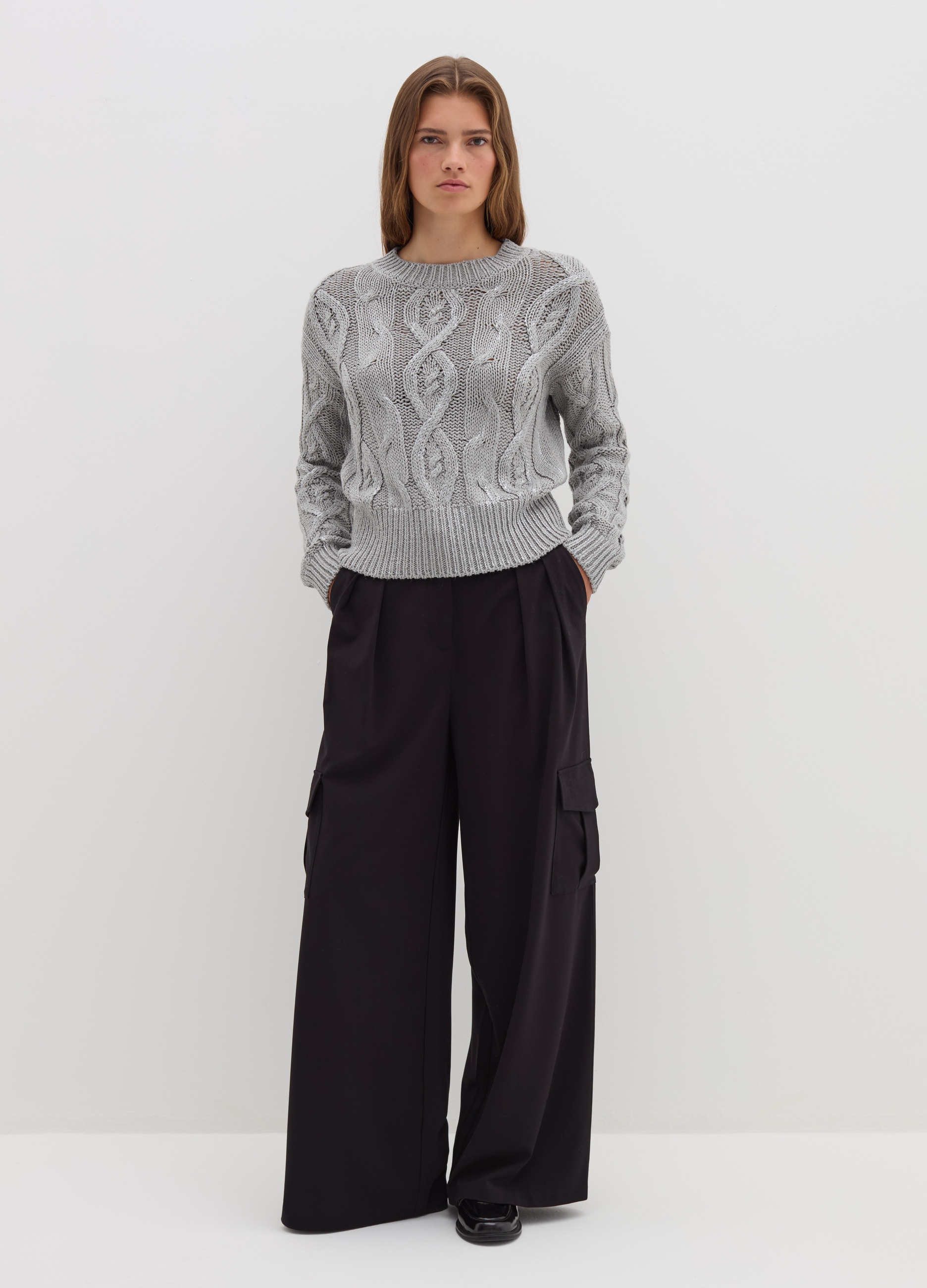 Stefanel - Pullover a treccia in misto cotone, Donna, Grigio argento, Taglia XS