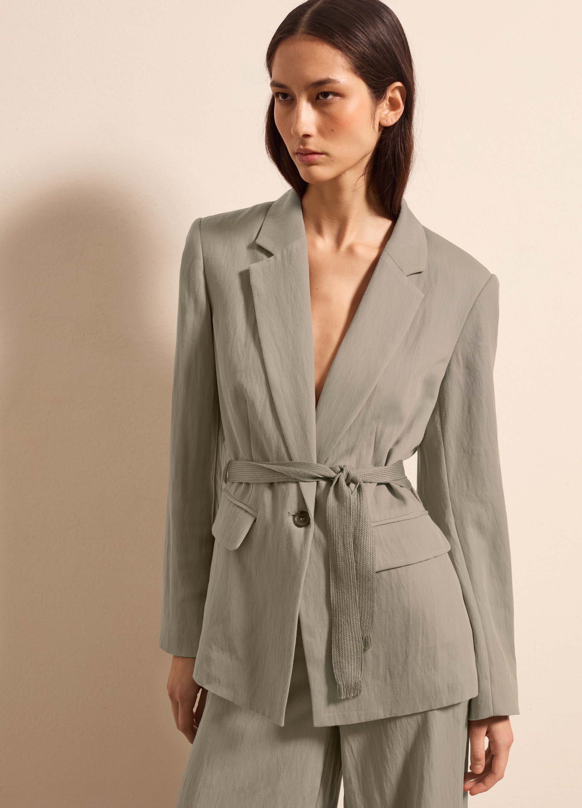 Stefanel - Blazer monopetto in twill con cintura, Donna, Verde salvia, Taglia 38