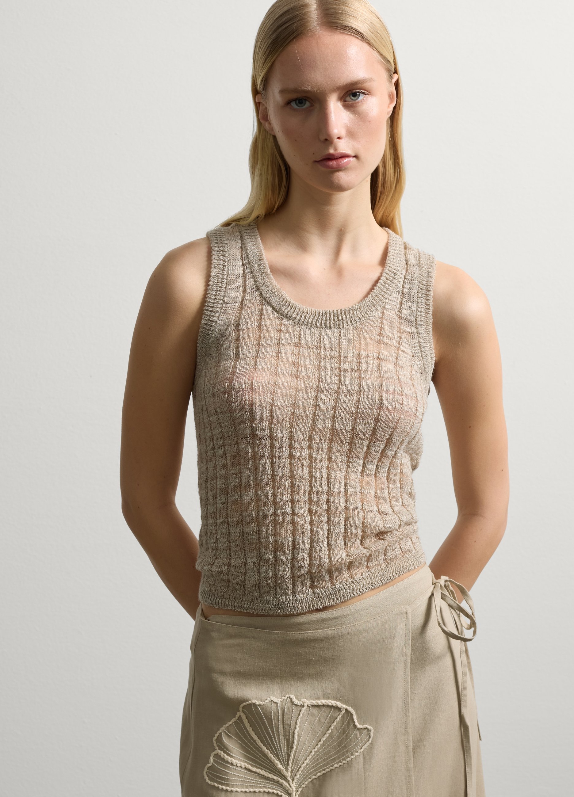 Stefanel - Tank top in misto lino a coste, Donna, Beige, Taglia XS