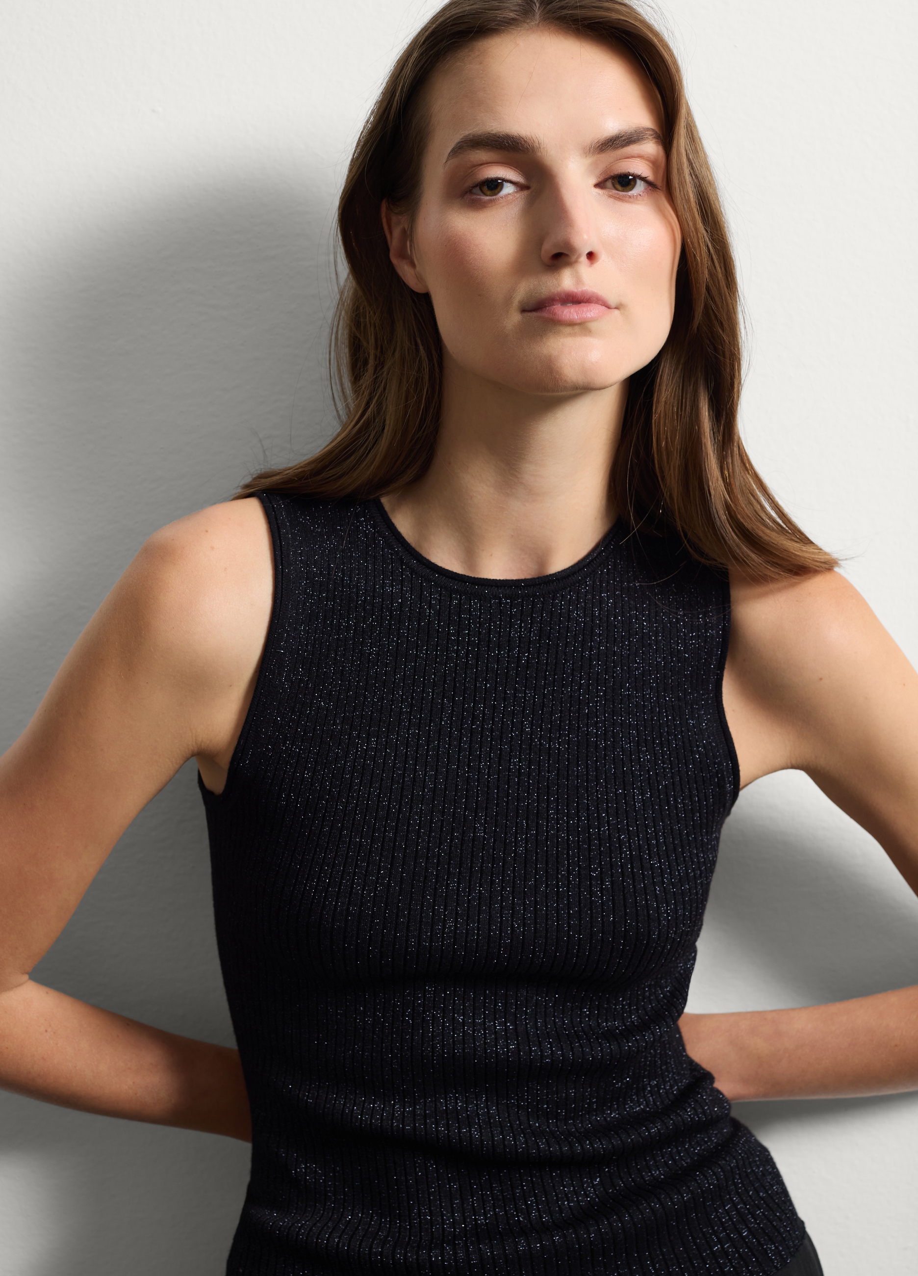 Stefanel - Tank top nero con lurex, Donna, Nero canna di fucile, Taglia XS