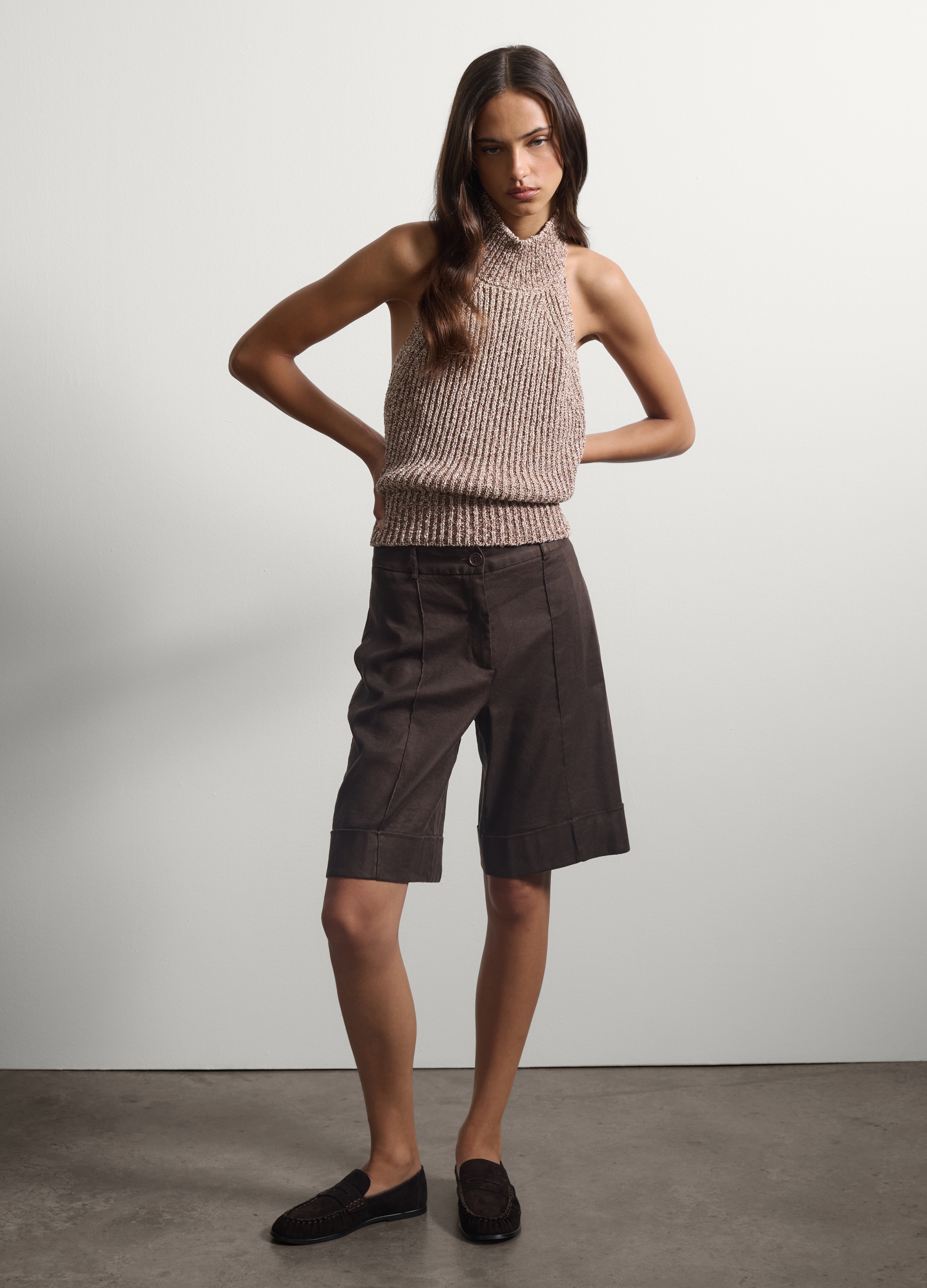 Stefanel - Braune Bermuda-Shorts aus Leinen und Stretch-Viskose, Regular Fit, Damen, Dunkelbraun