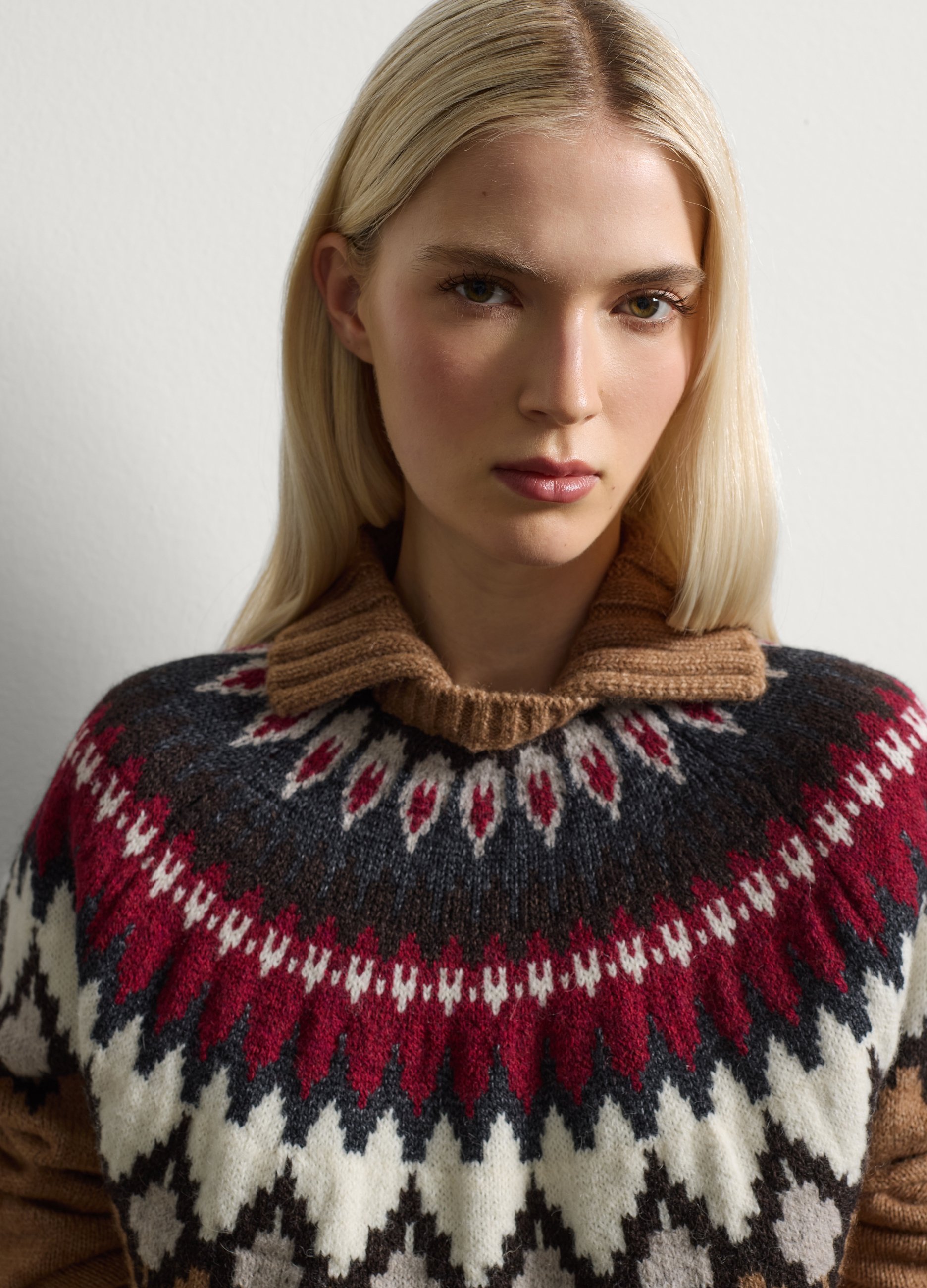 Stefanel - Maglione marrone in lana con motivo geometrico, Donna, Multicolor, Taglia L