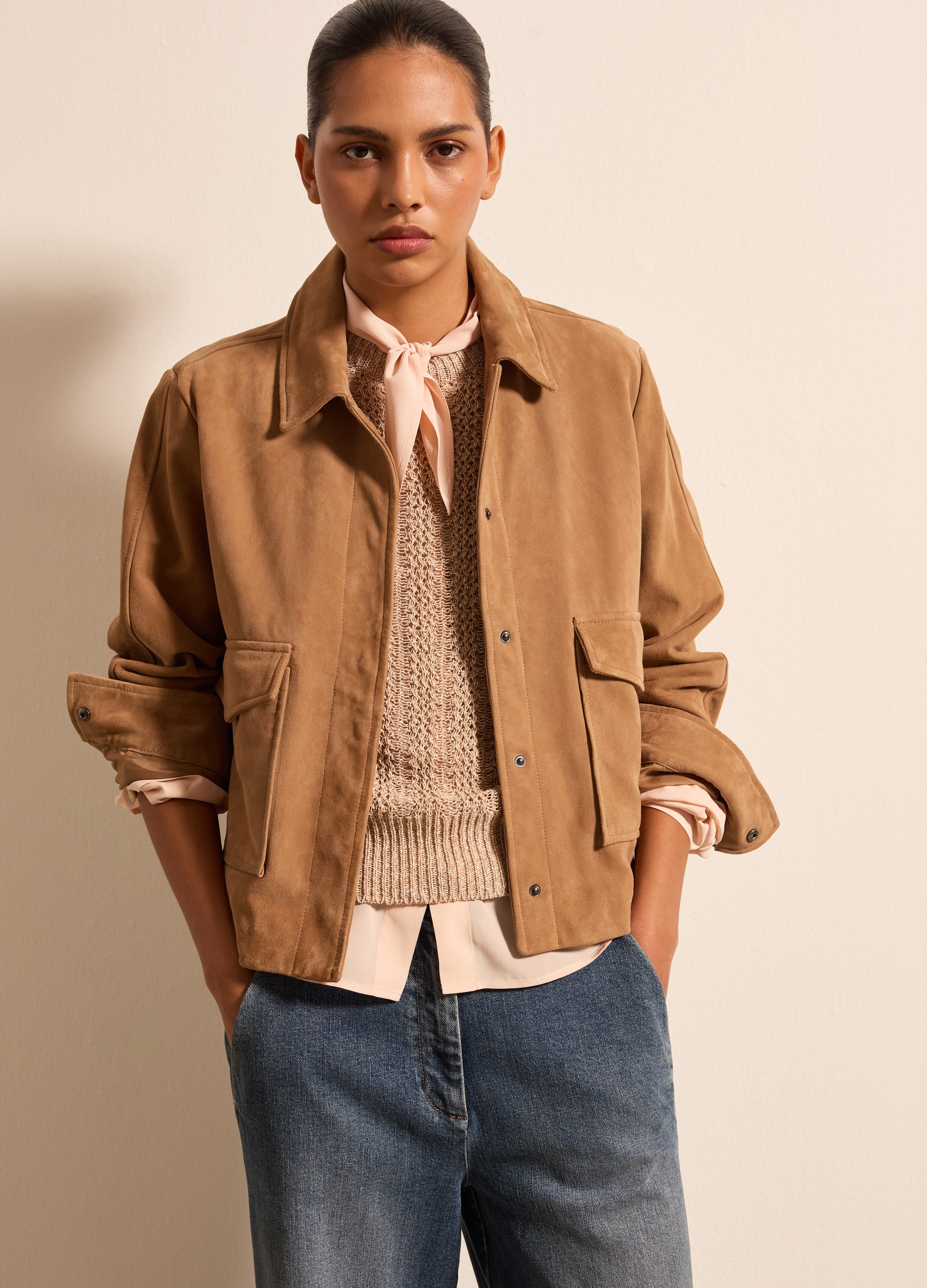 Stefanel - Giacca corta in suede, Donna, Cammello, Taglia XS