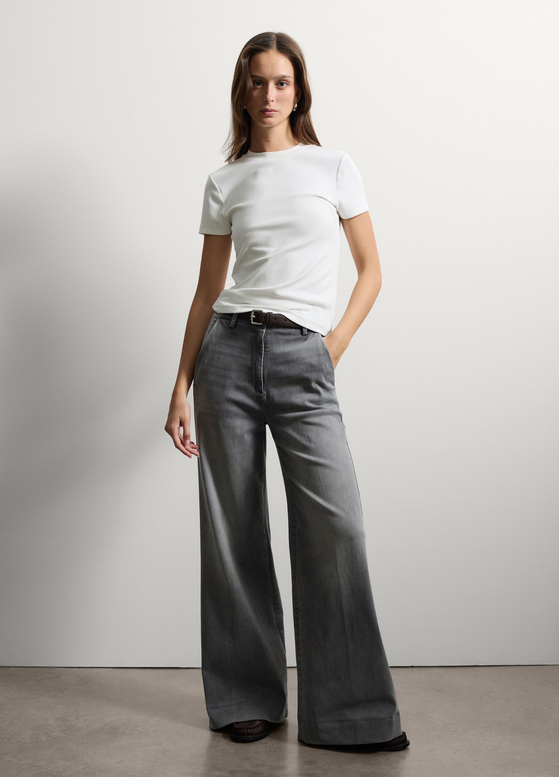 Stefanel - Jeans in denim grigio wide leg, Donna, Grigio chiaro, Taglia 38