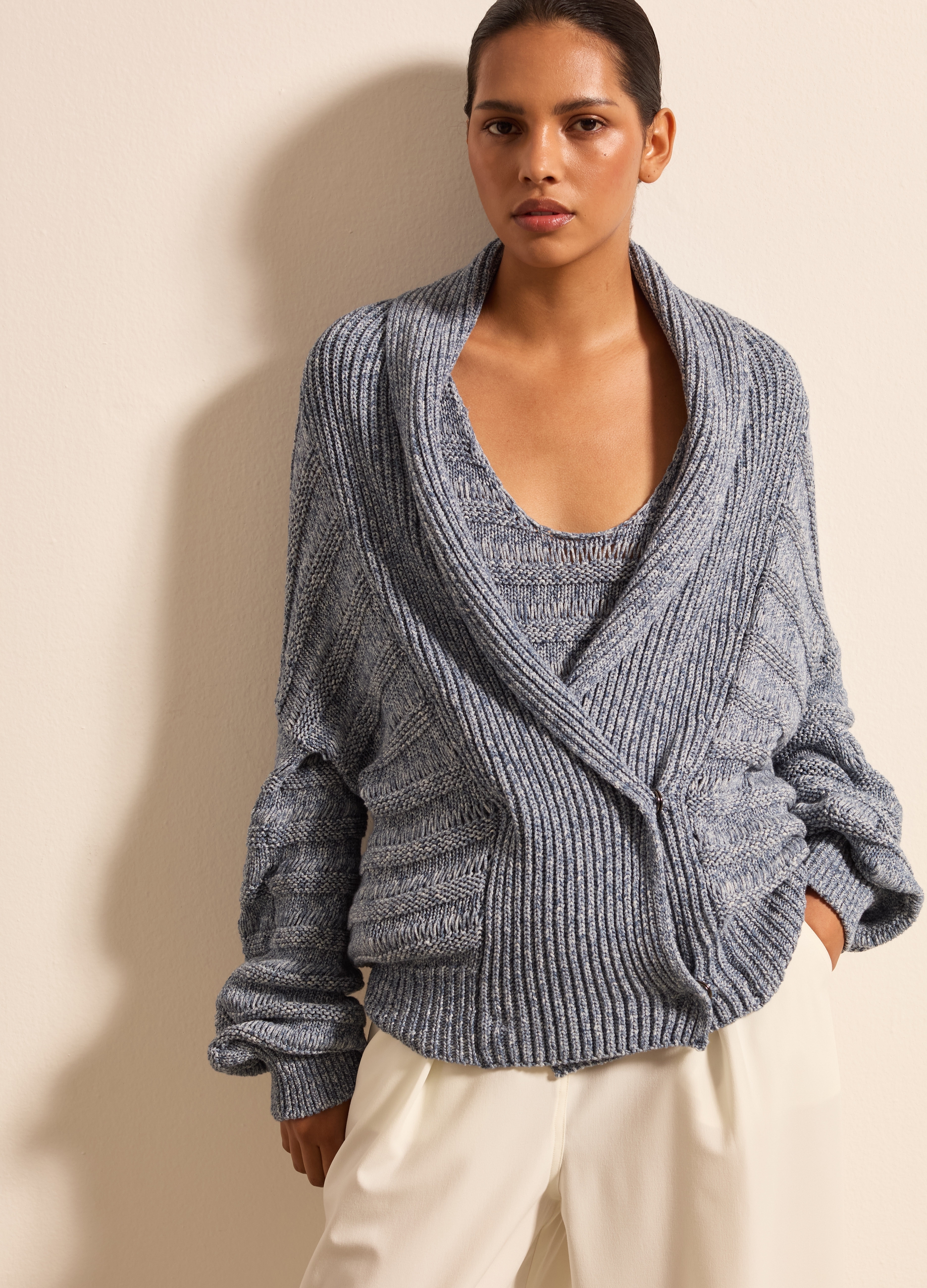 Stefanel - Cardigan mélange doppiopetto, Donna, Blu melange, Taglia XS