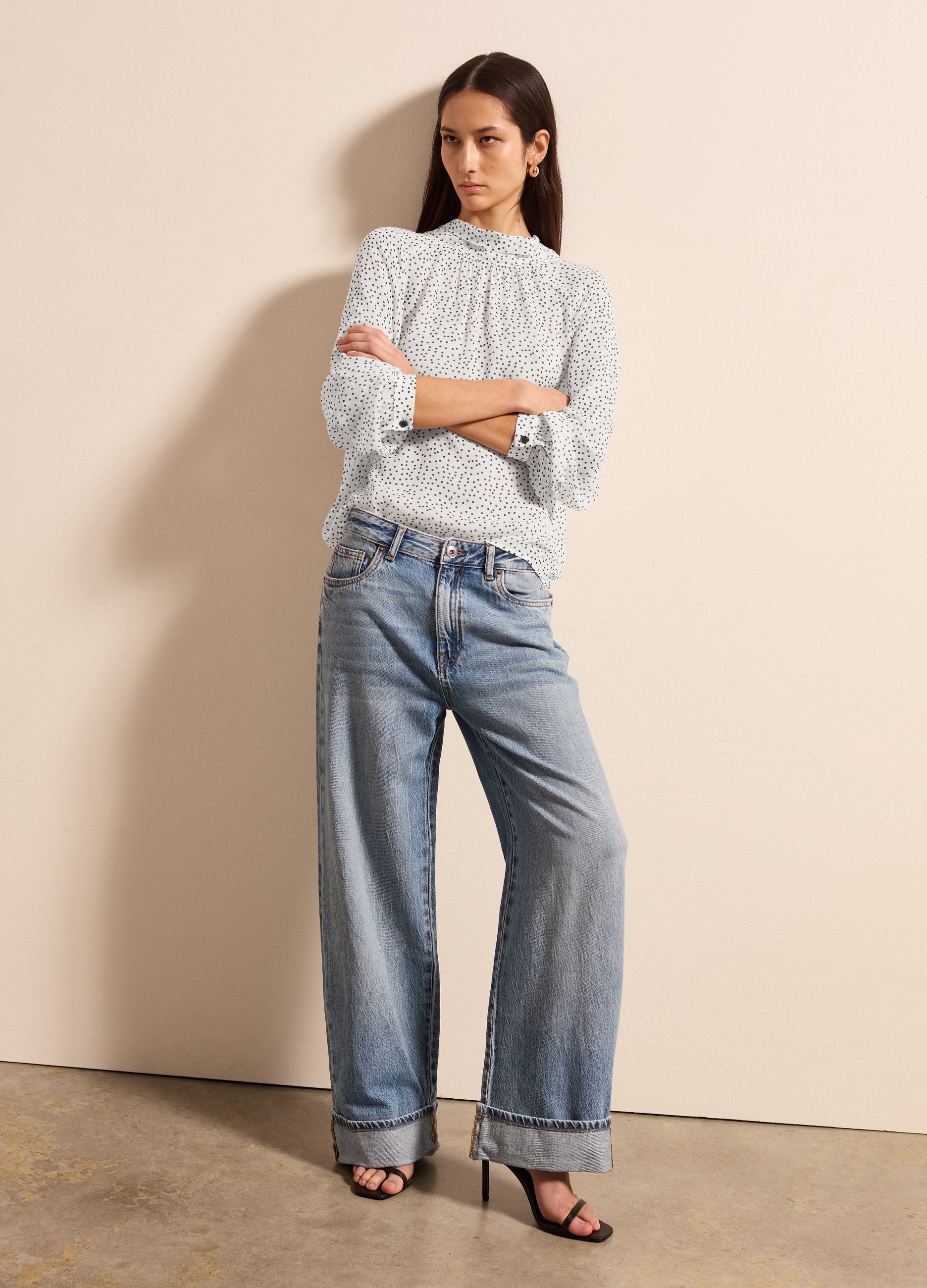 Stefanel - Blusa in georgette a pois con foulard, Donna, Bianco/Nero, Taglia S