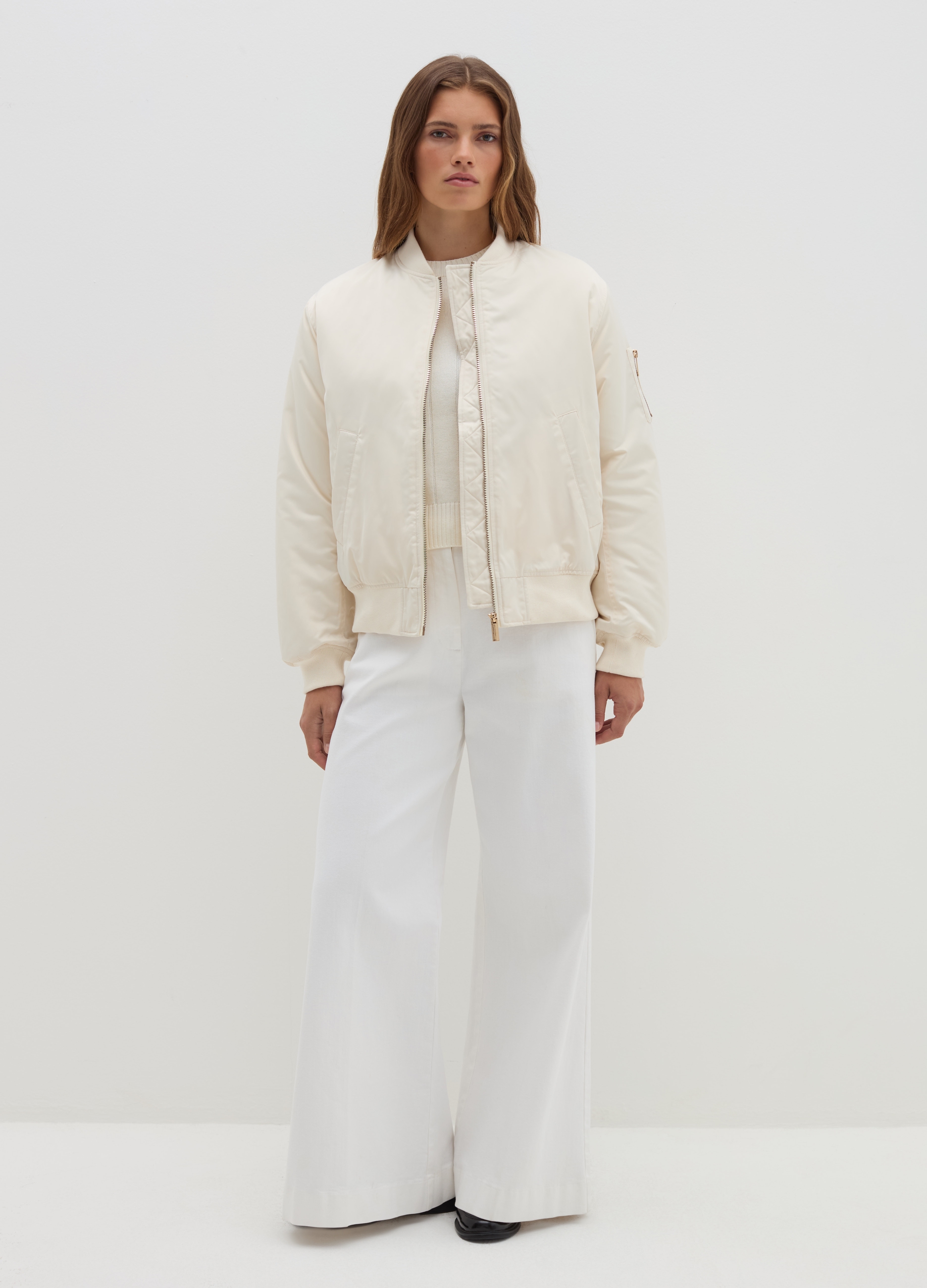 Stefanel - Bomber full-zip effetto satin, Donna, Bianco avorio, Taglia XS