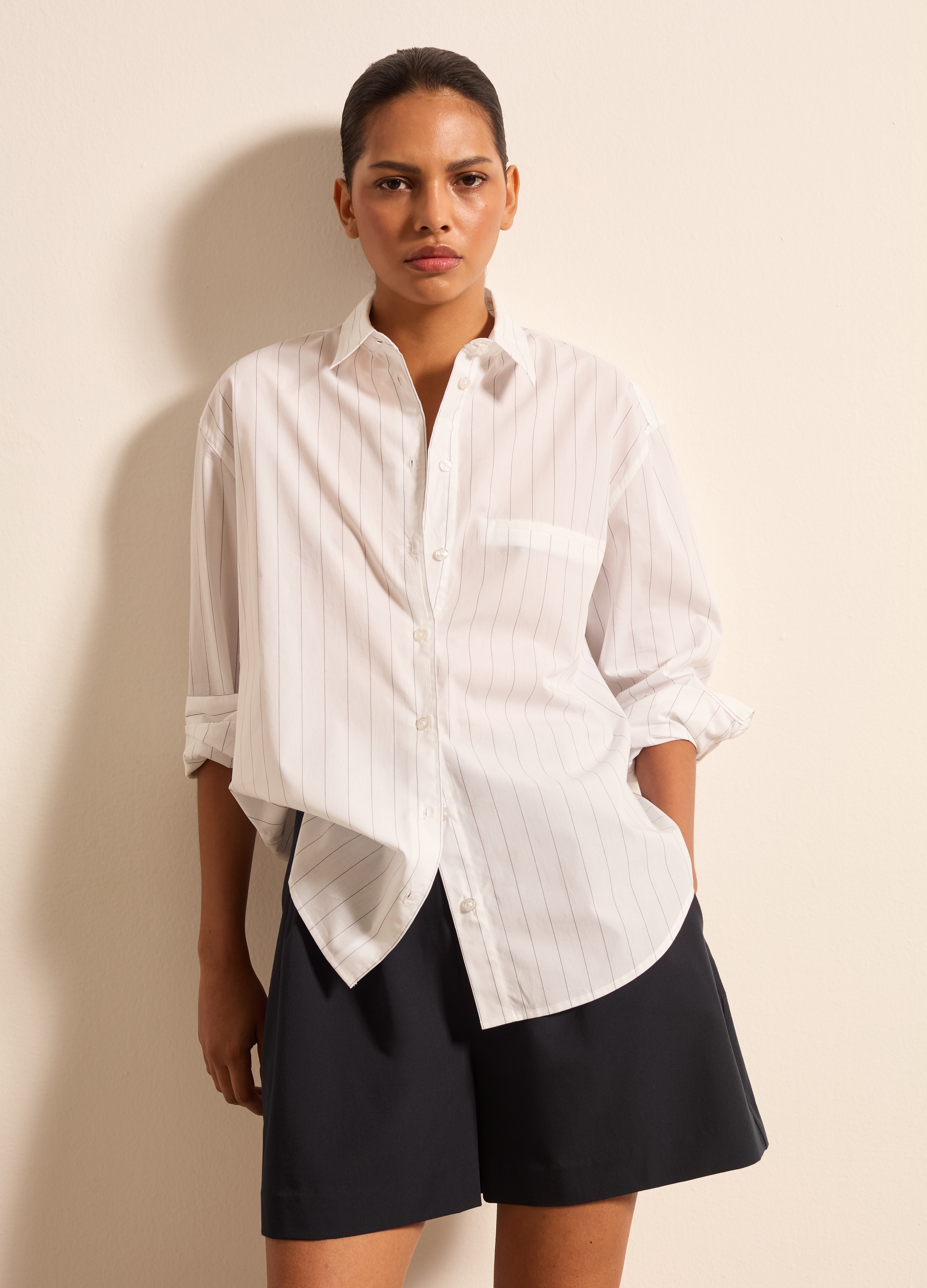 Stefanel - Camicia gessata in popeline, Donna, Bianco/Grigio, Taglia XS