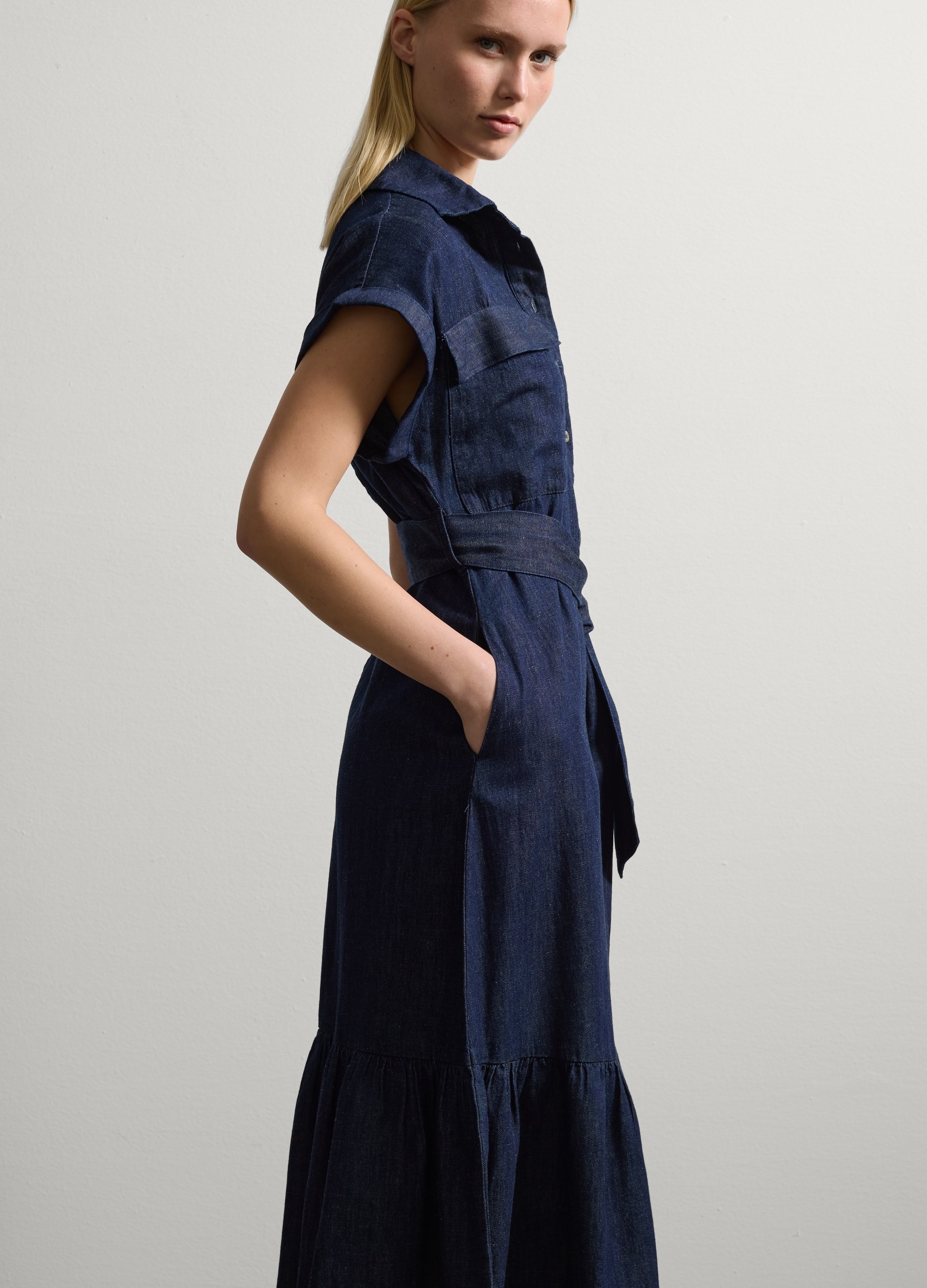 Stefanel - Vestito chemisier in denim con balza, Donna, Lavaggio scuro, Taglia XS