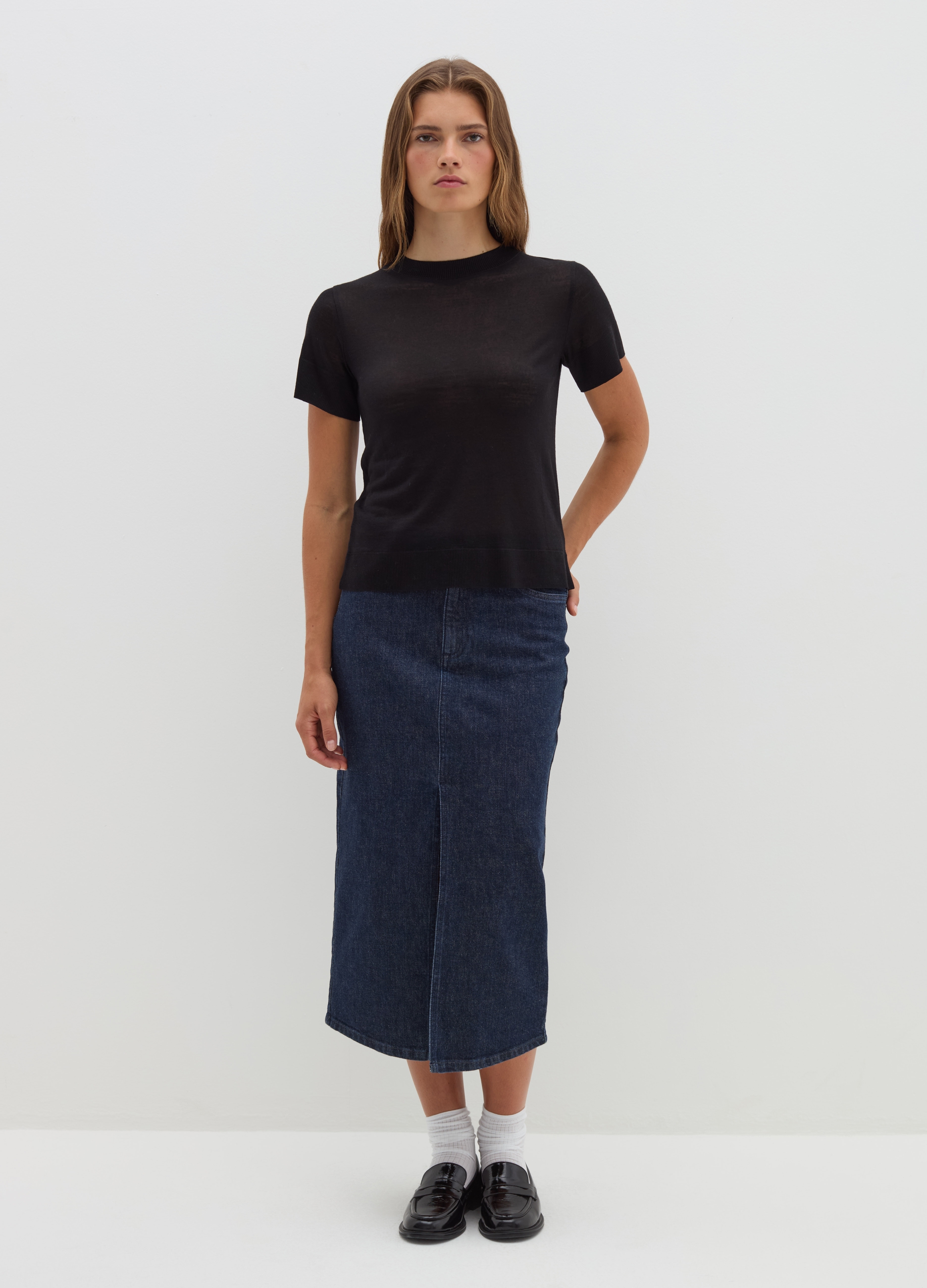 Stefanel - T-shirt in lana e Lyocell, Donna, Nero, Taglia XS