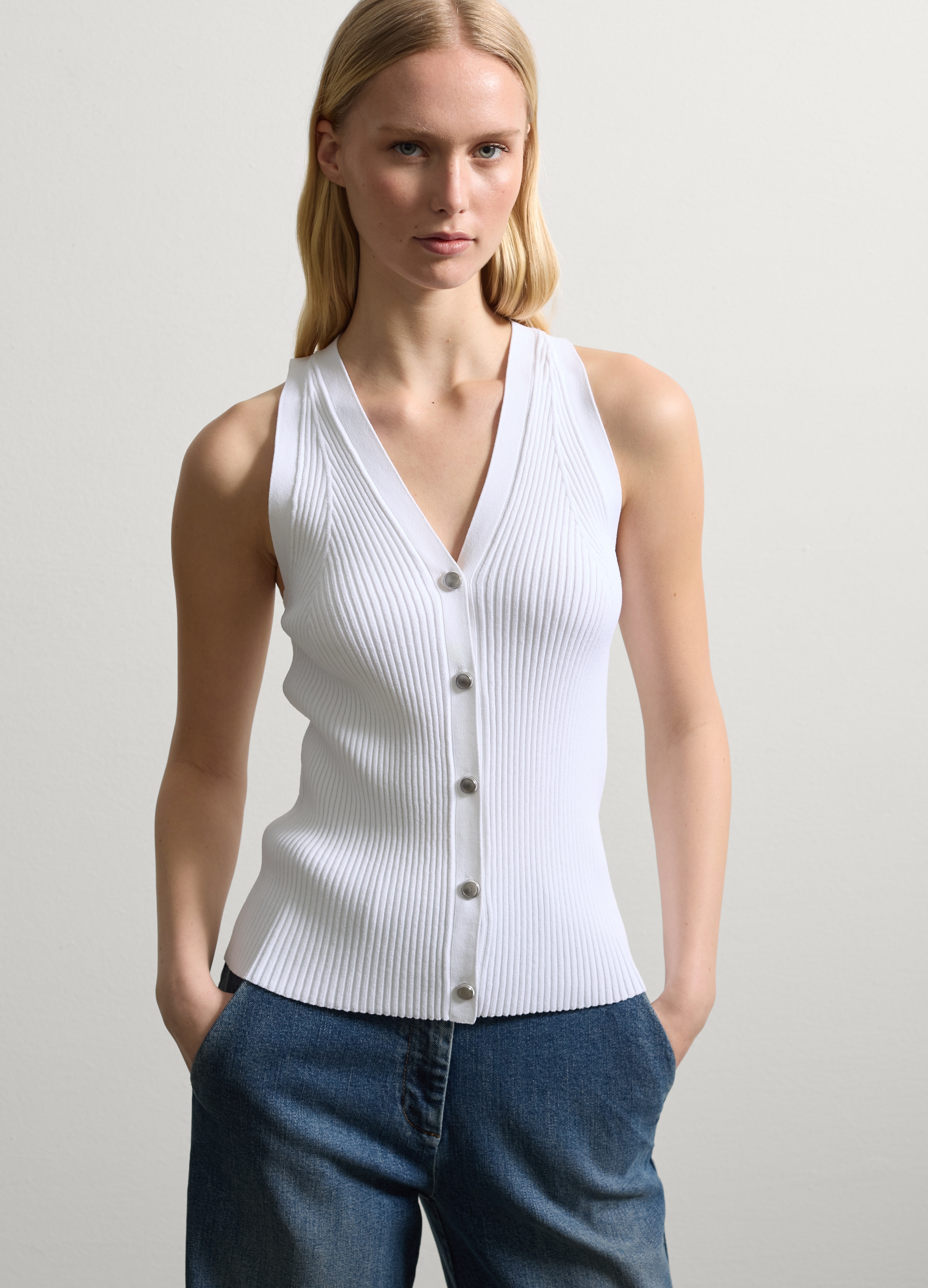 Stefanel - Gilet a costine con bottoni, Donna, Bianco ottico, Taglia M