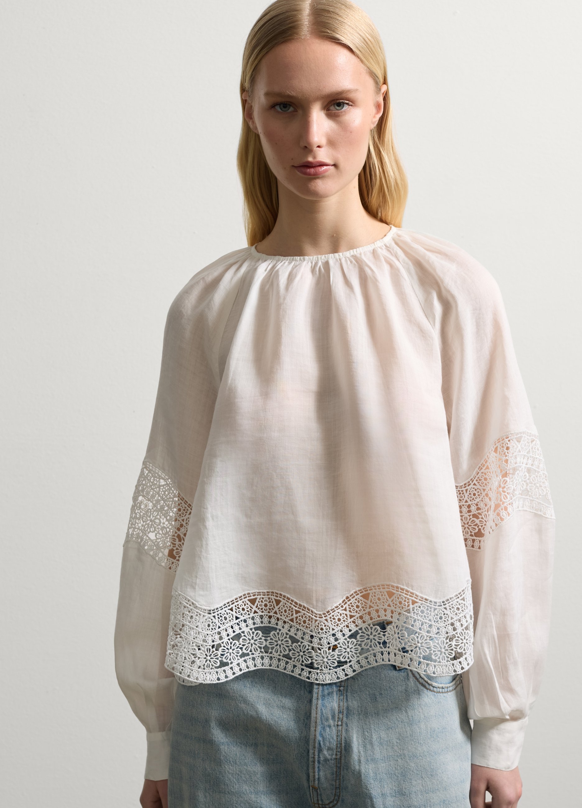 Stefanel - Blusa con dettagli in pizzo traforato, Donna, Bianco, Taglia XS