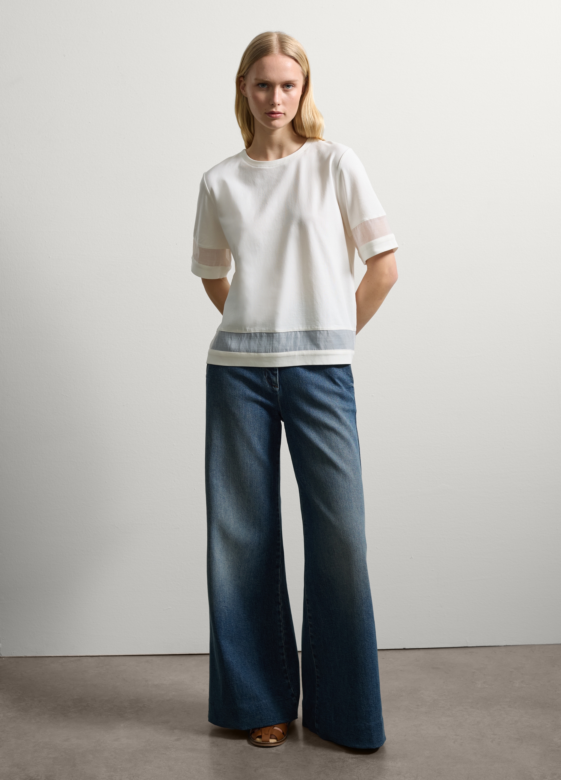 Stefanel - T-shirt con dettagli semi trasparenti, Donna, Bianco ottico, Taglia XS