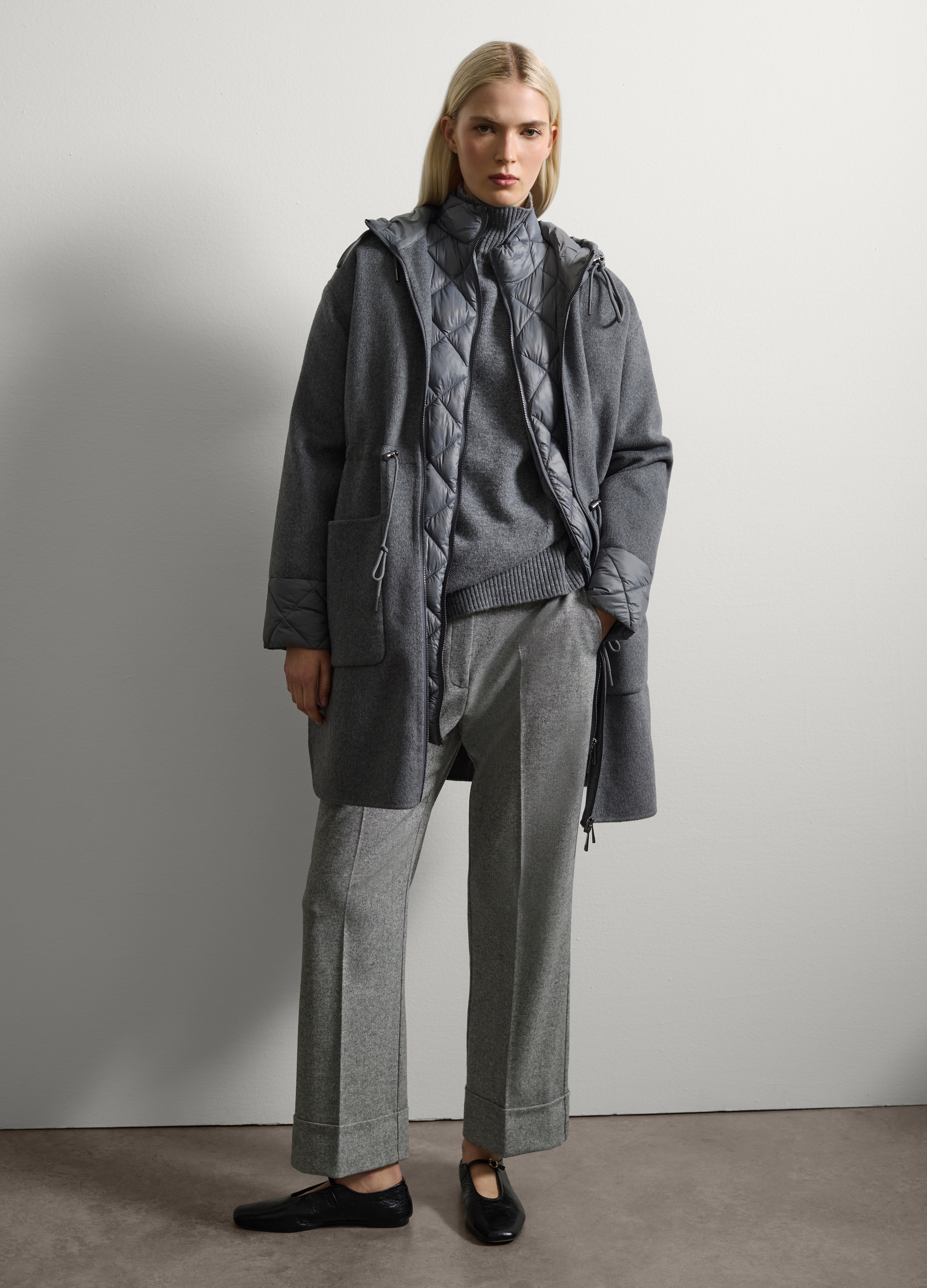 Stefanel - Giacca imbottita grigia in misto lana regular fit con zip, Donna, Grigio chiaro, Taglia S