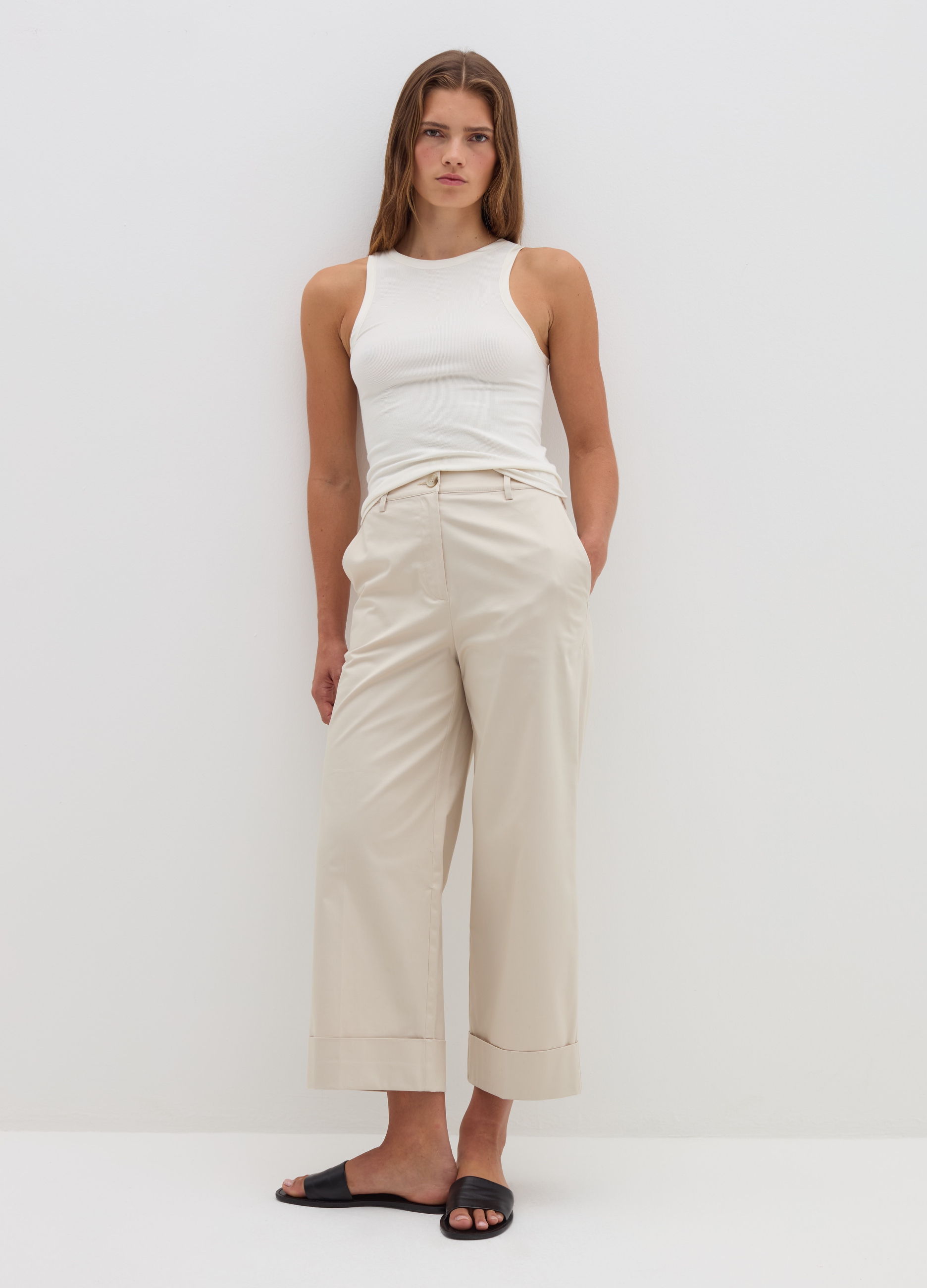 Stefanel - Pantalone a gamba larga con risvolti, Donna, Beige chiaro, Taglia 38
