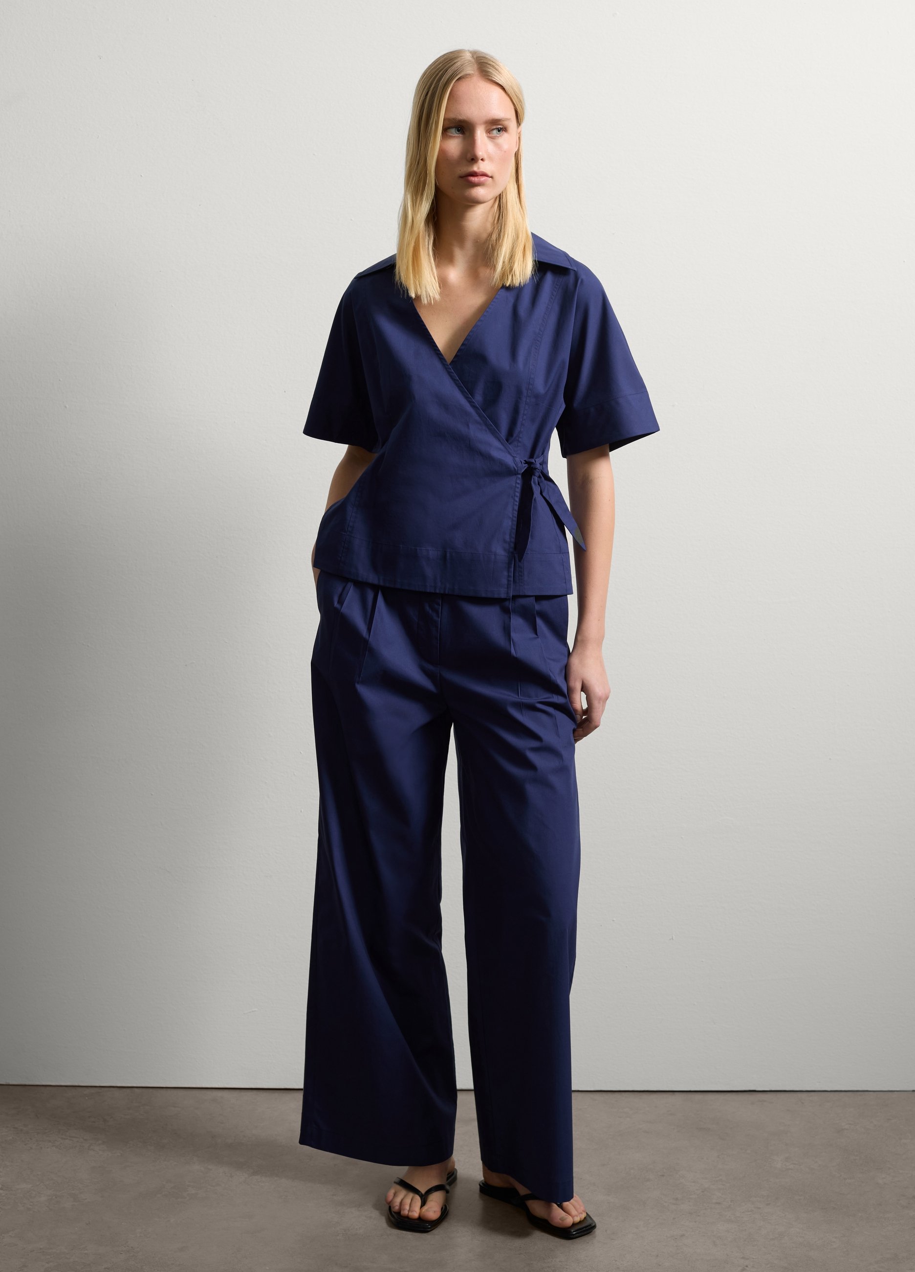 Stefanel - Pantalone a gamba larga in popeline, Donna, Blu scuro, Taglia XS