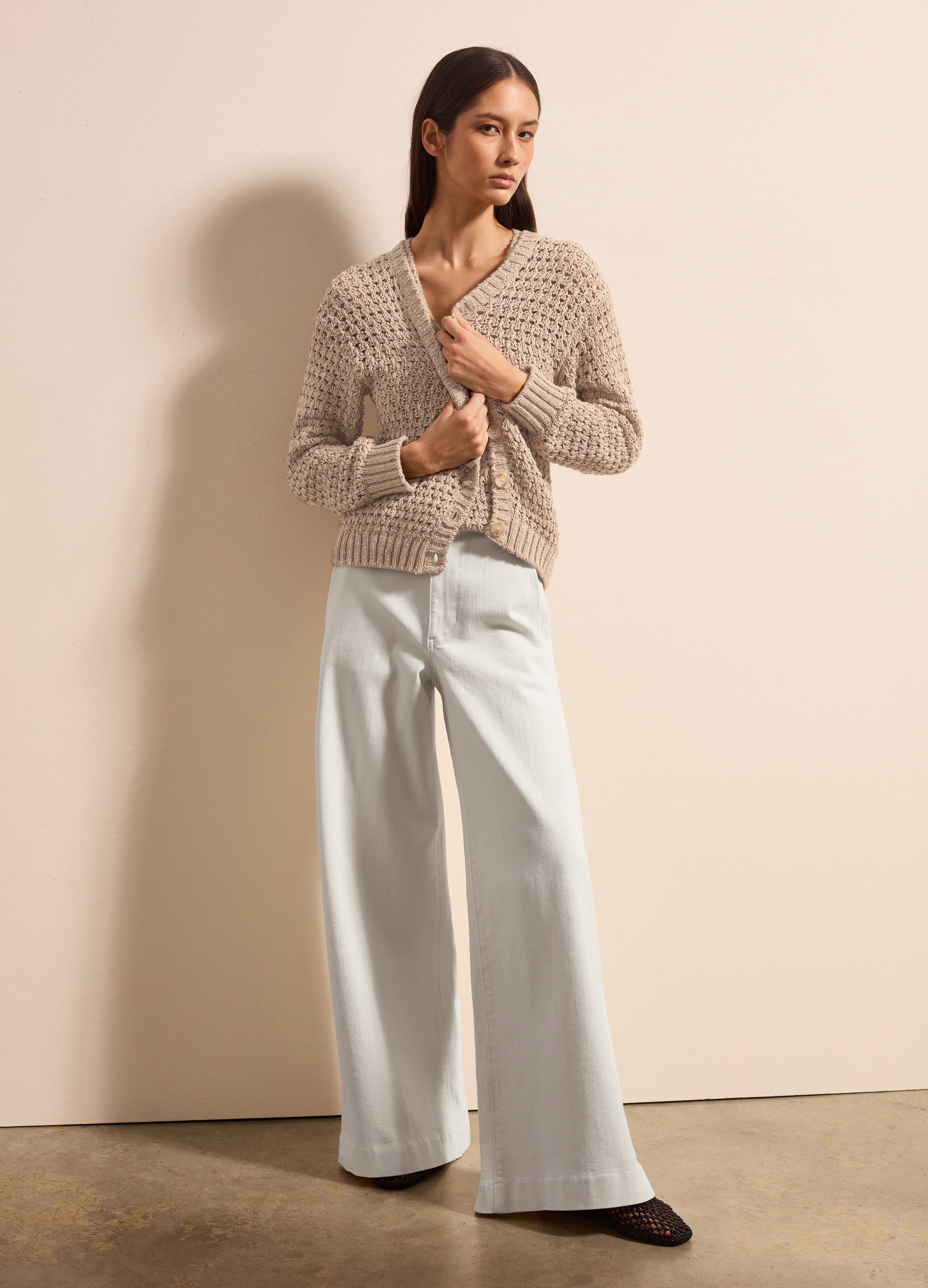 Stefanel - Jeans a gamba larga, Donna, Bianco avorio, Taglia 38