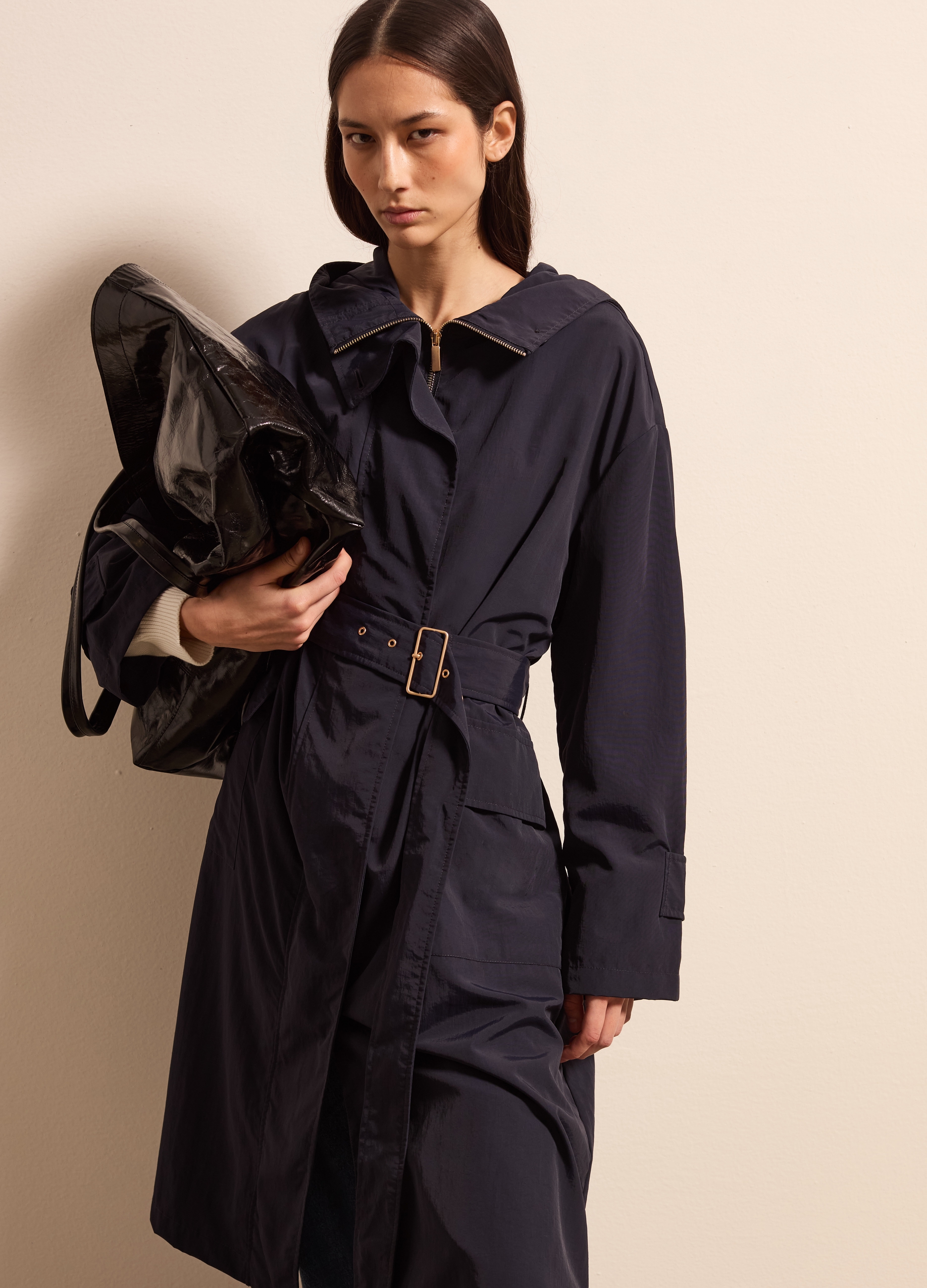 Stefanel - Giacca lunga impermeabile con cintura, Donna, Blu scuro, Taglia XS