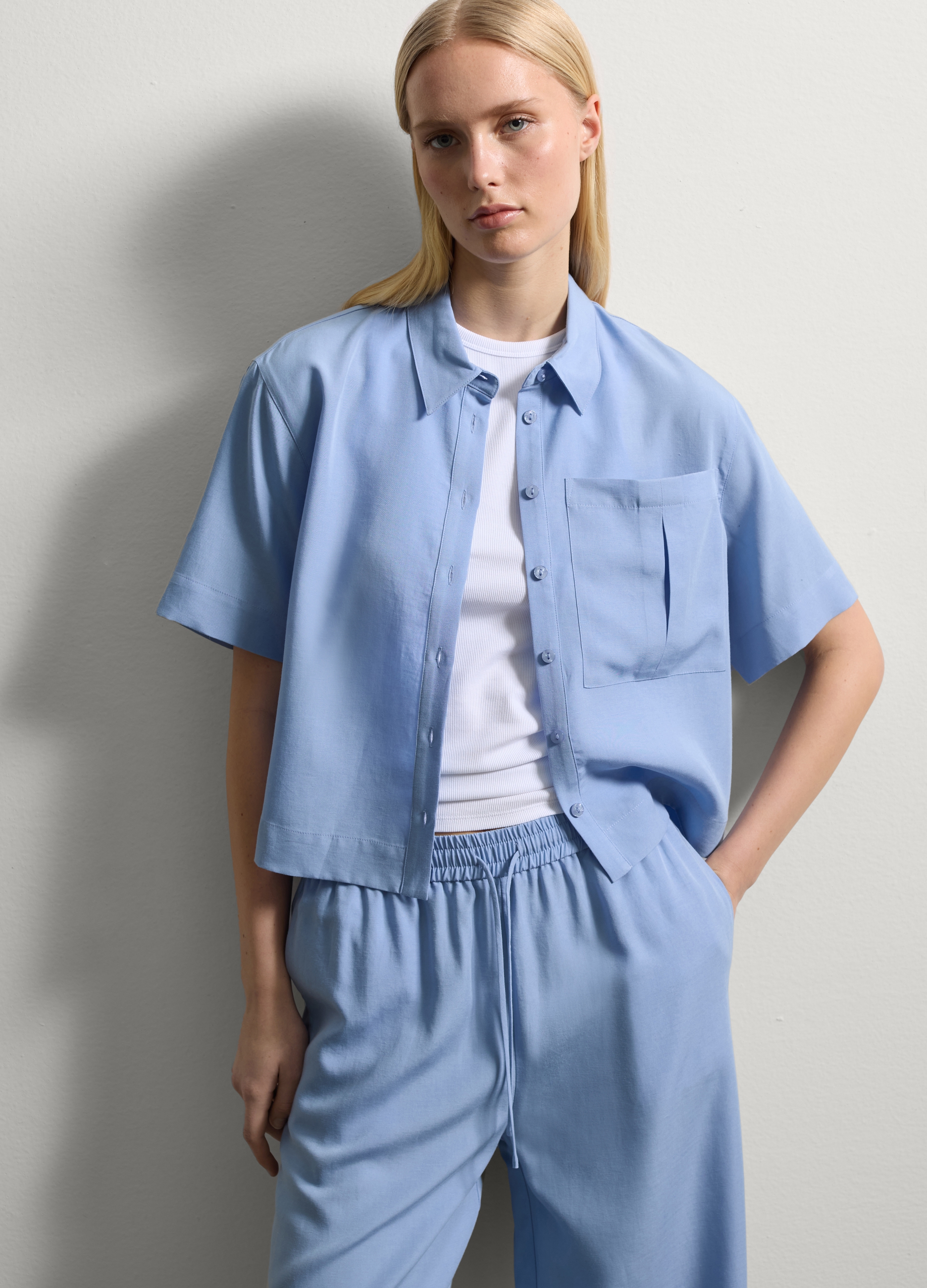 Stefanel - Shacket cropped con tasca, Donna, Blu chiaro, Taglia XS