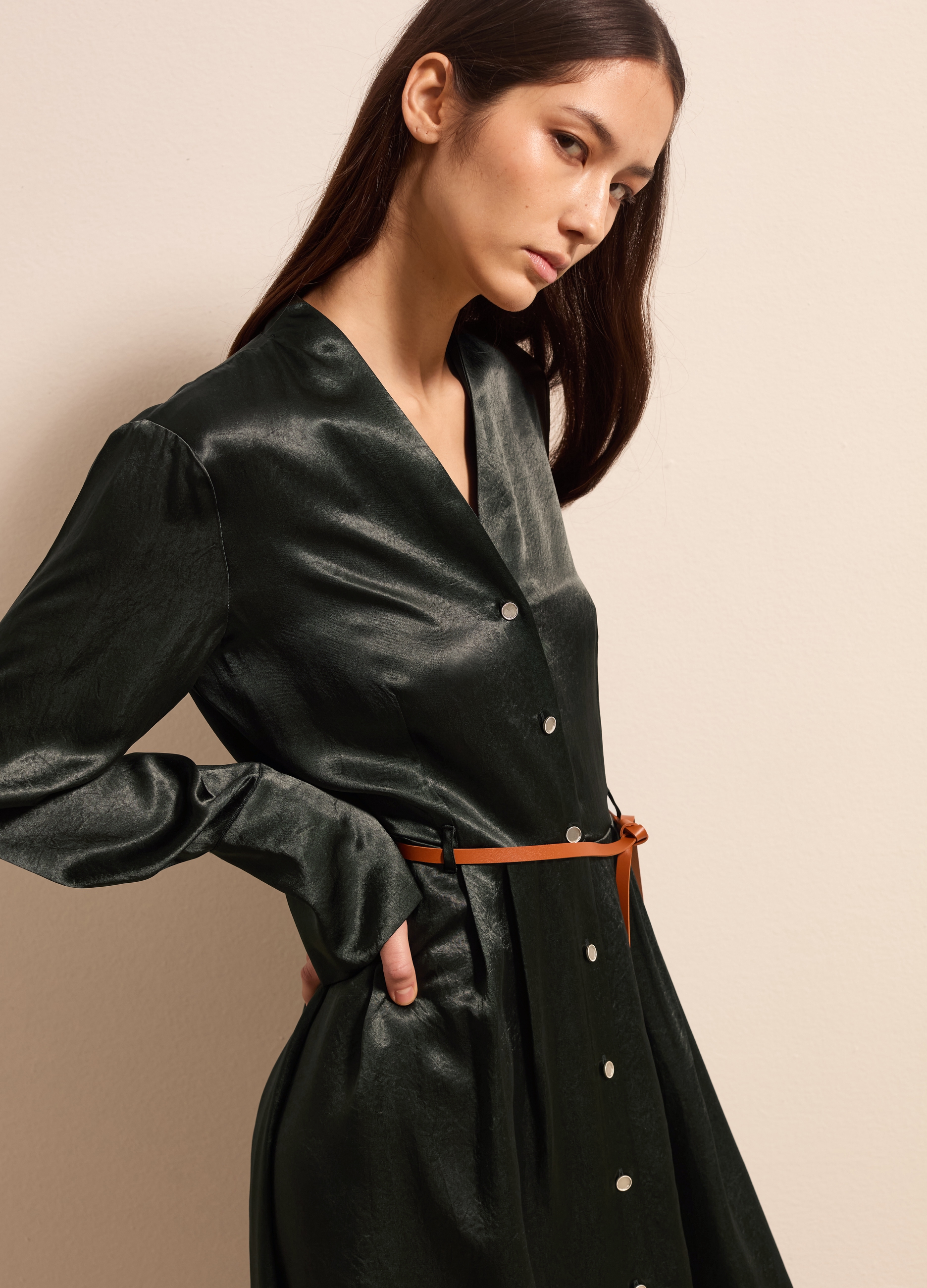 Stefanel - Vestito midi chemisier in satin, Donna, Verde bosco, Taglia XS