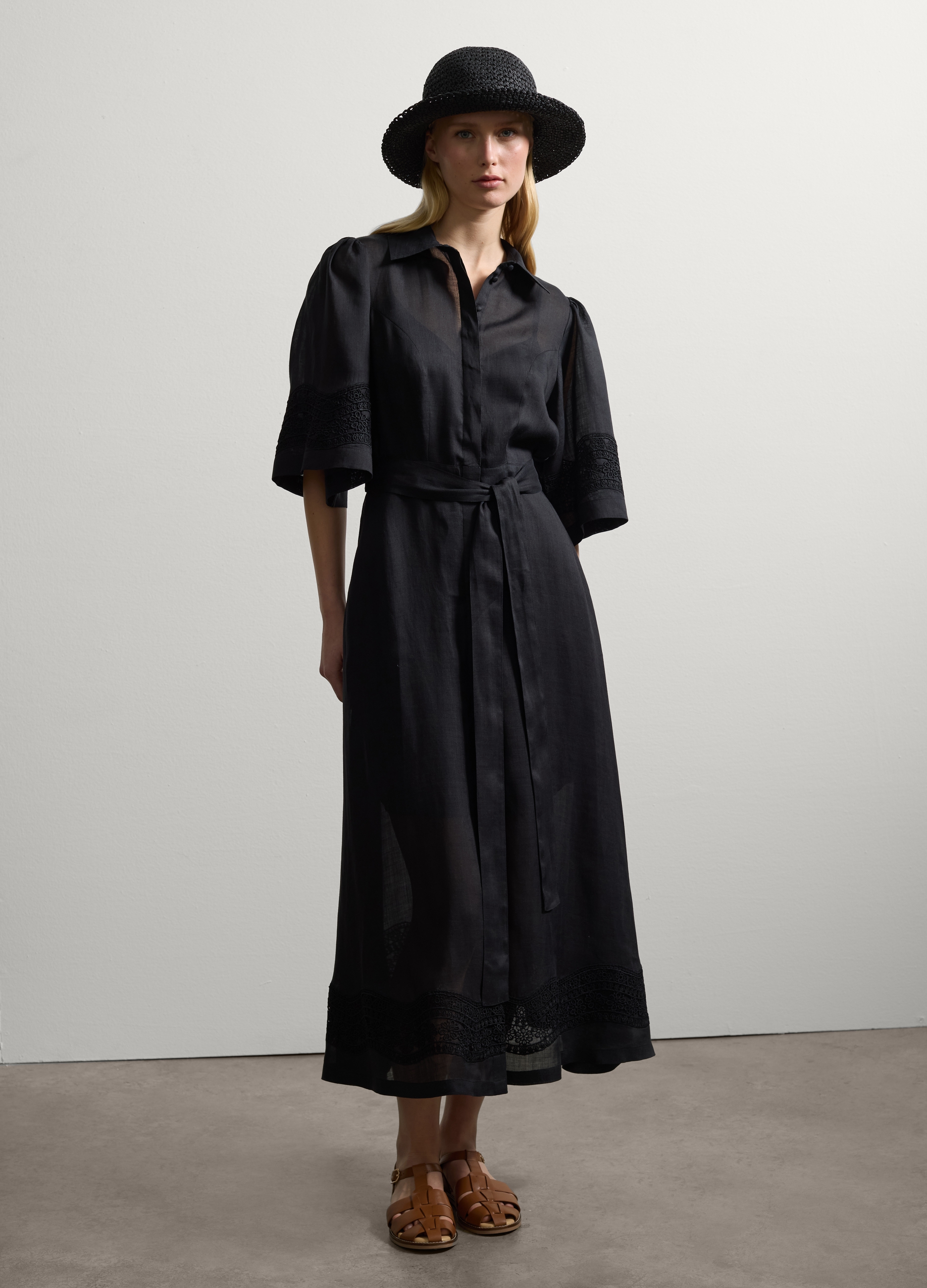 Stefanel - Vestito chemisier con sangallo, Donna, Nero, Taglia XS