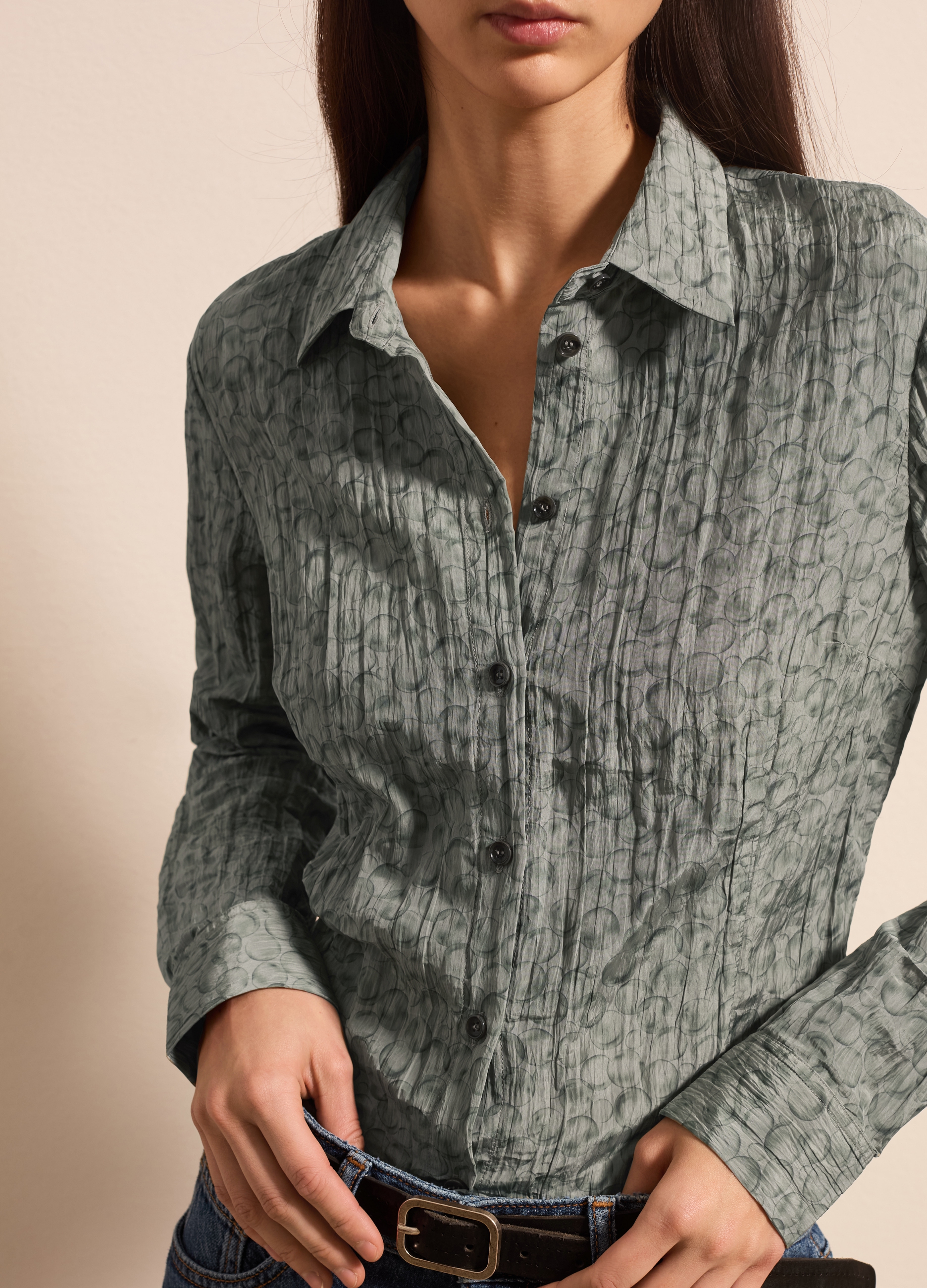 Stefanel - Camicia effetto crinkle fantasia, Donna, Verde salvia, Taglia XS