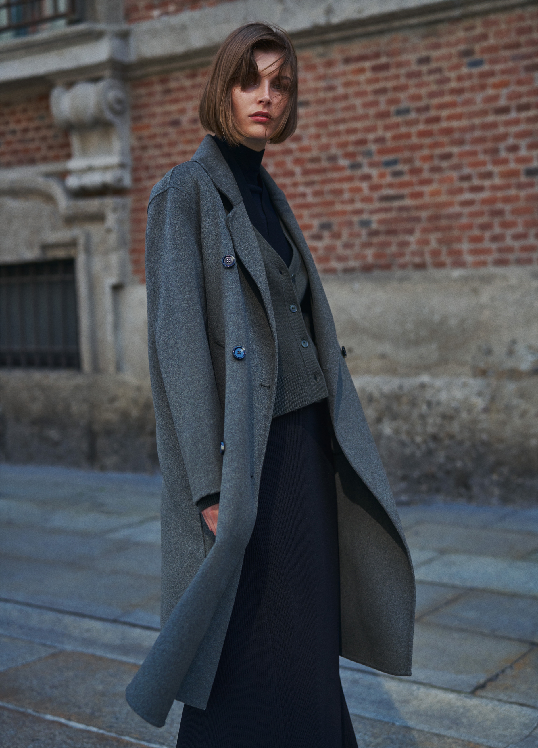 Stefanel - Cappotto lungo doppiopetto in panno, Donna, Grigio fumo, Taglia M
