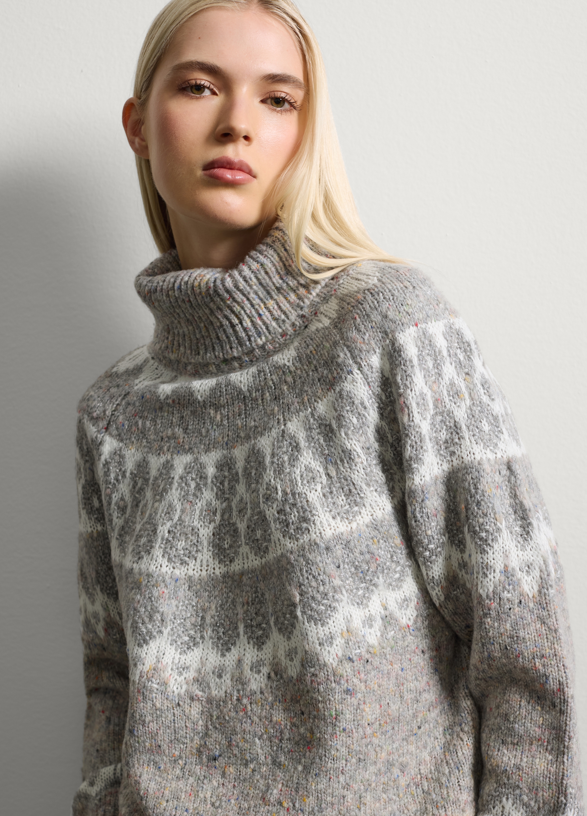 Stefanel - Maglione grigio a collo alto in misto lana, Donna, Multicolor, Taglia S