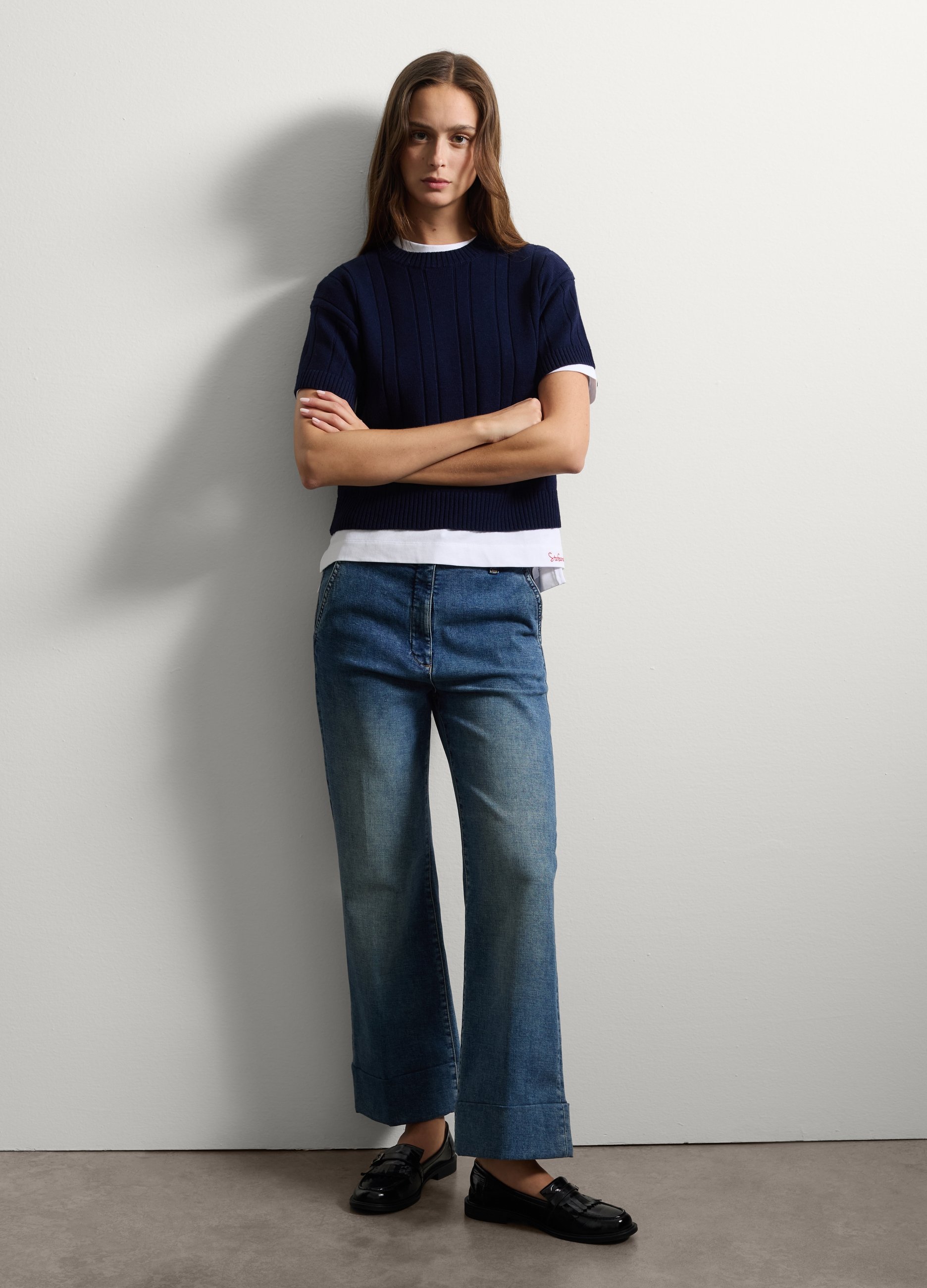Stefanel - Jeans in denim blu a gambe larghe, Donna, Blu, Taglia 38