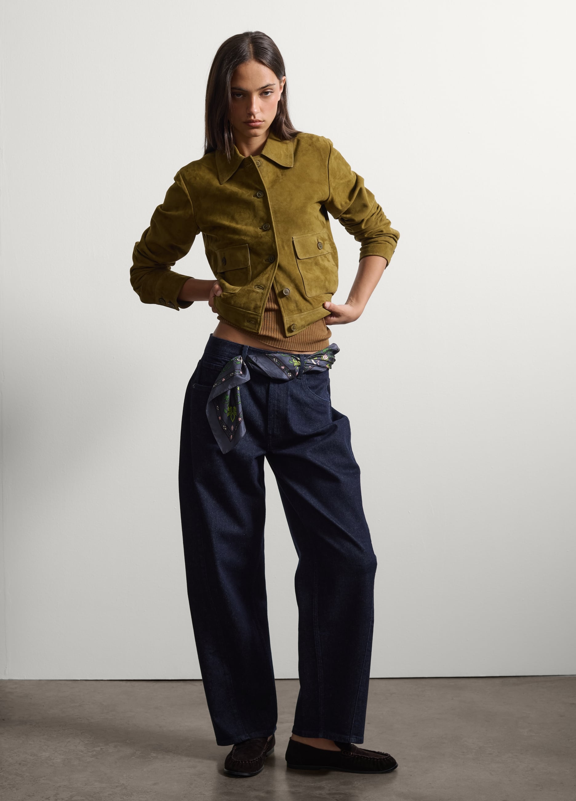 Stefanel - Grüne Jacke aus echtem Leder mit aufgesetzten Taschen, Regular Fit, Damen, Olivgrün