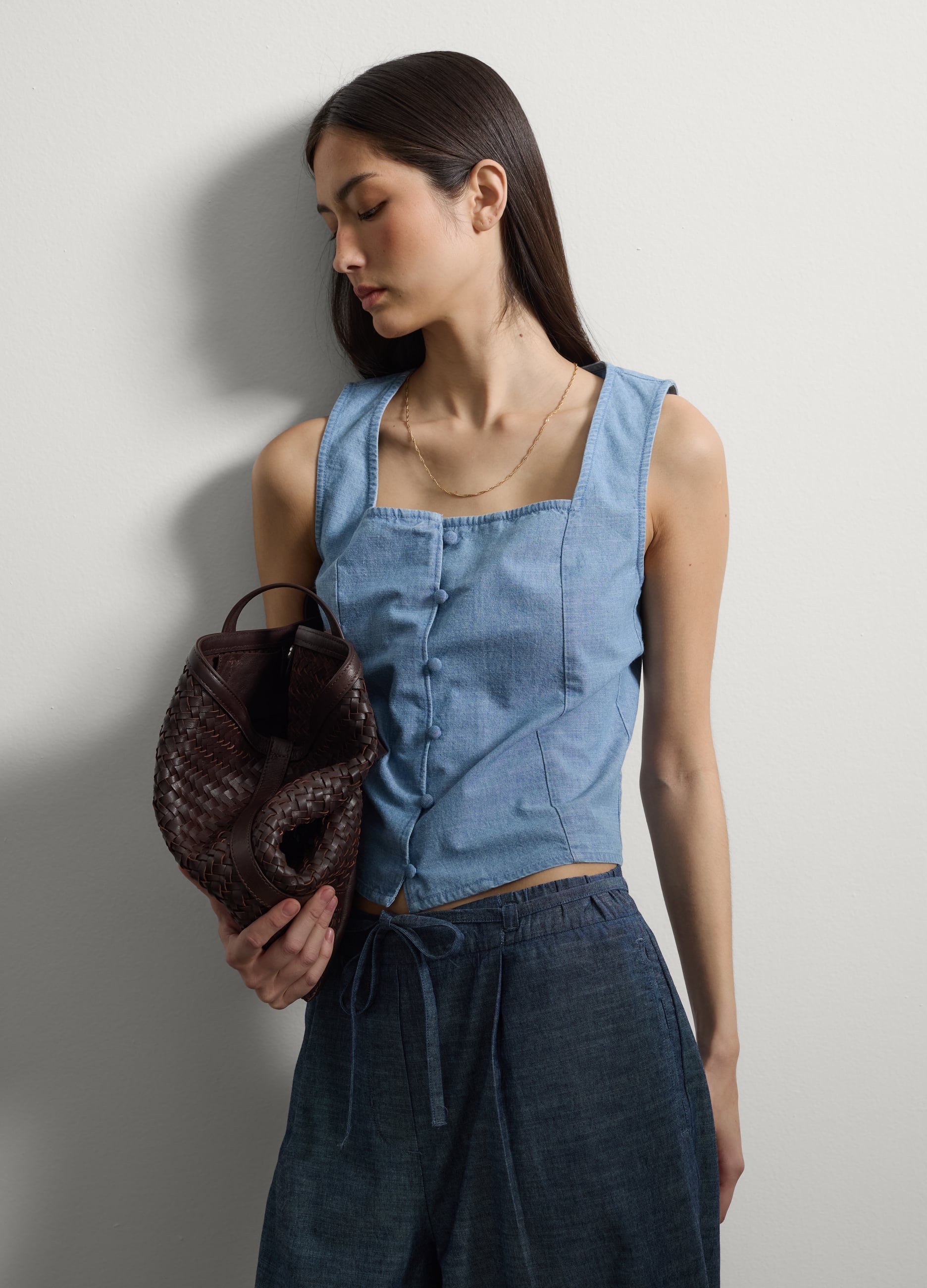 Stefanel - Top denim azzurro in puro cotone slim fit, Donna, Lavaggio chiaro, Taglia XS