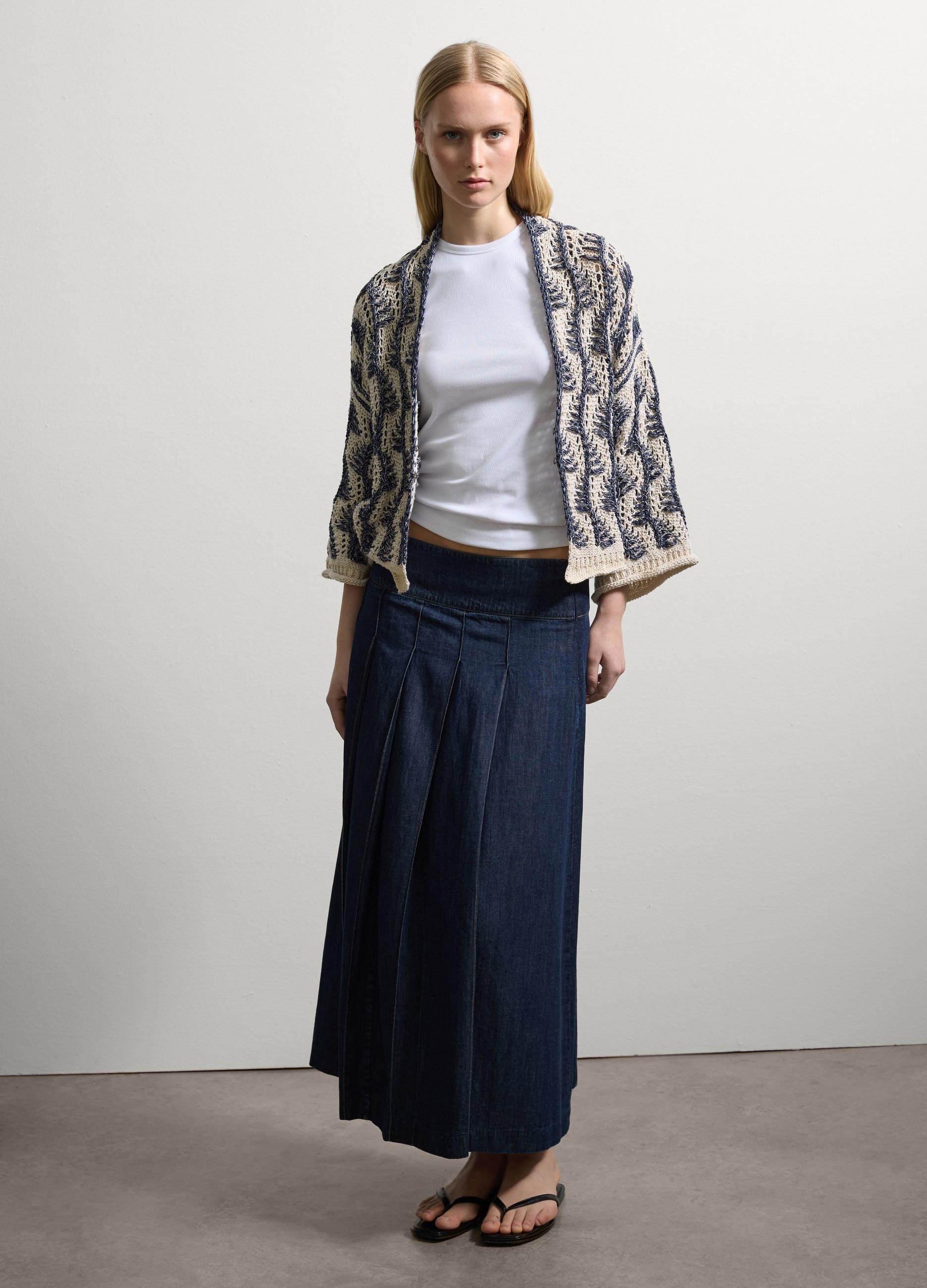 Stefanel - Cardigan aperto con motivo a contrasto, Donna, Bianco/Blu, Taglia XS