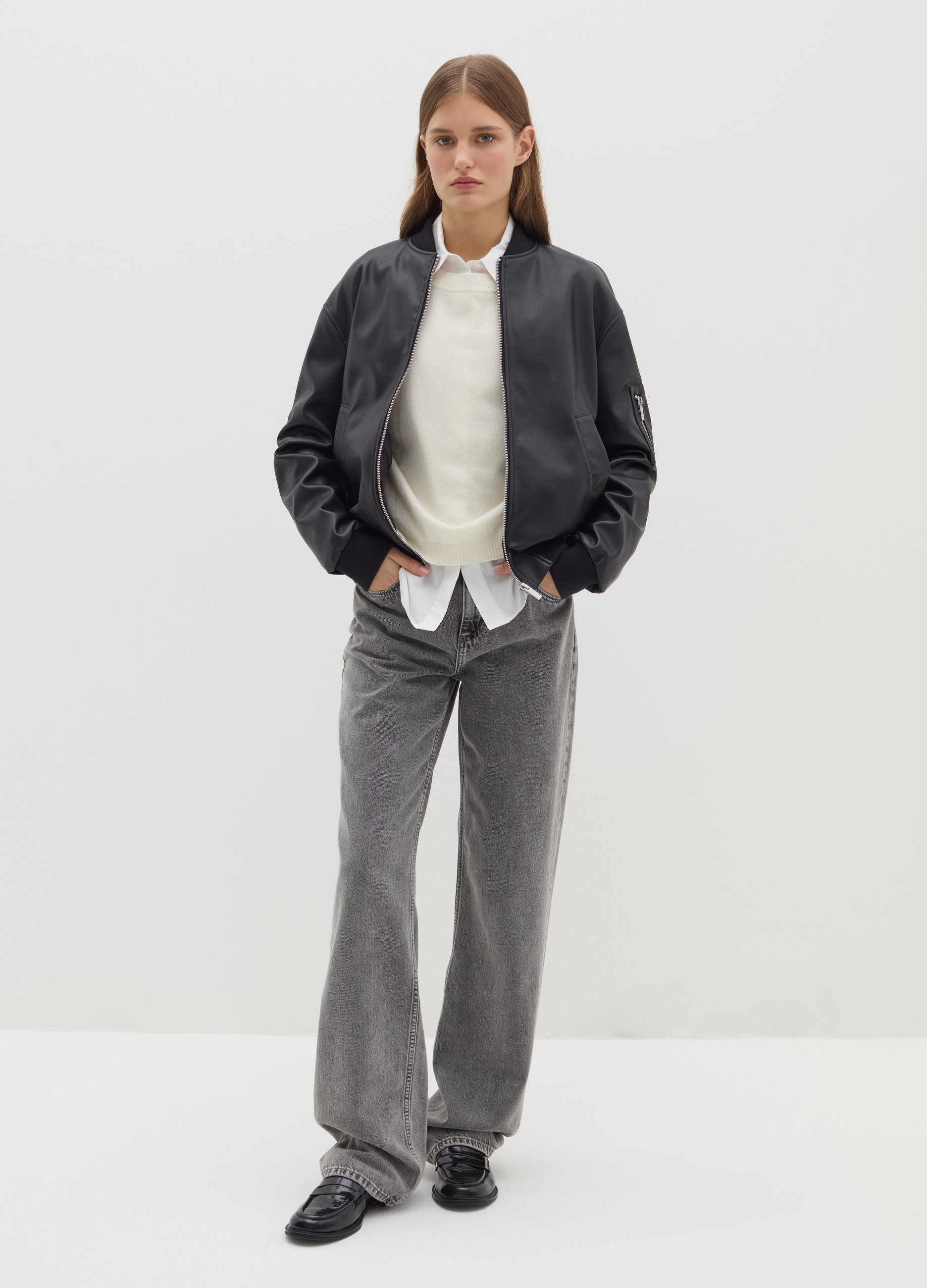 Stefanel - Bomber full-zip effetto lucido, Donna, Nero, Taglia XS