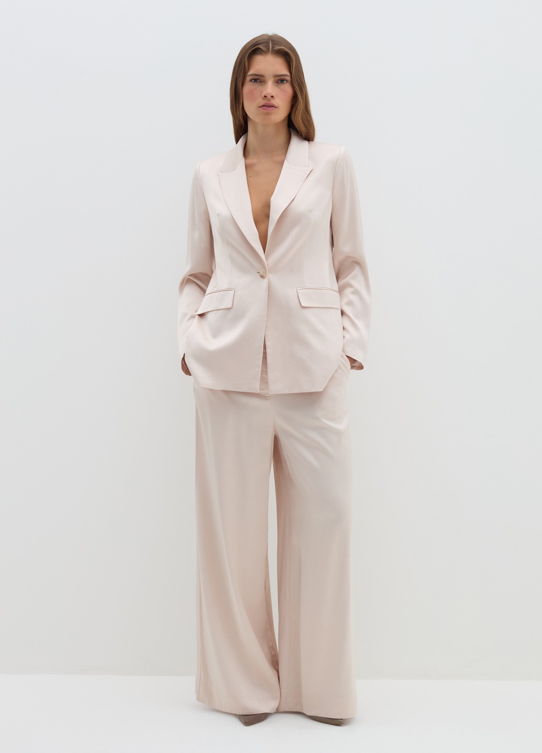 Stefanel - Blazer fluido monopetto in viscosa satin, Donna, Bianco avorio, Taglia 38