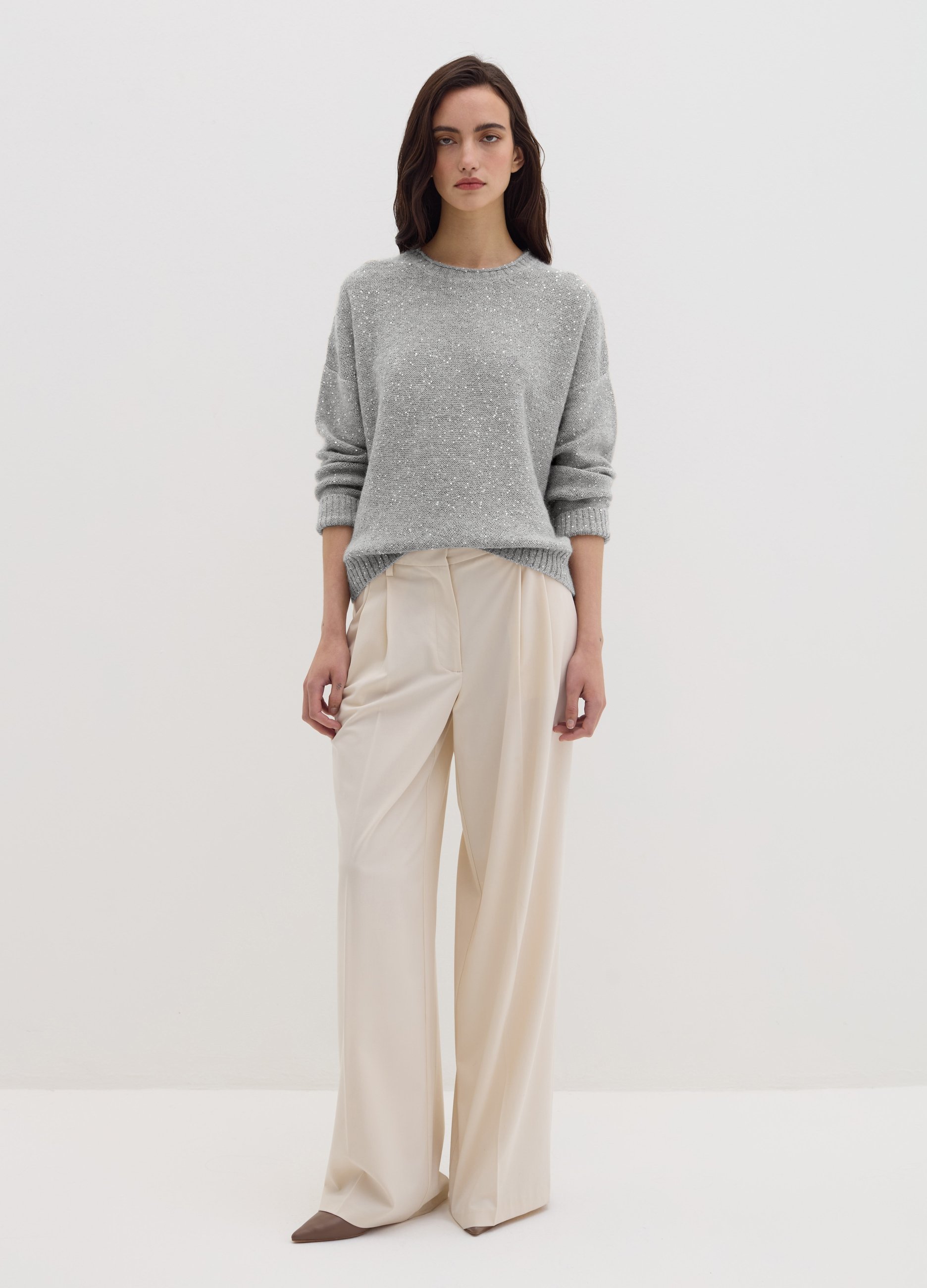 Stefanel - Pullover con micro paillettes, Donna, Grigio melange, Taglia XS