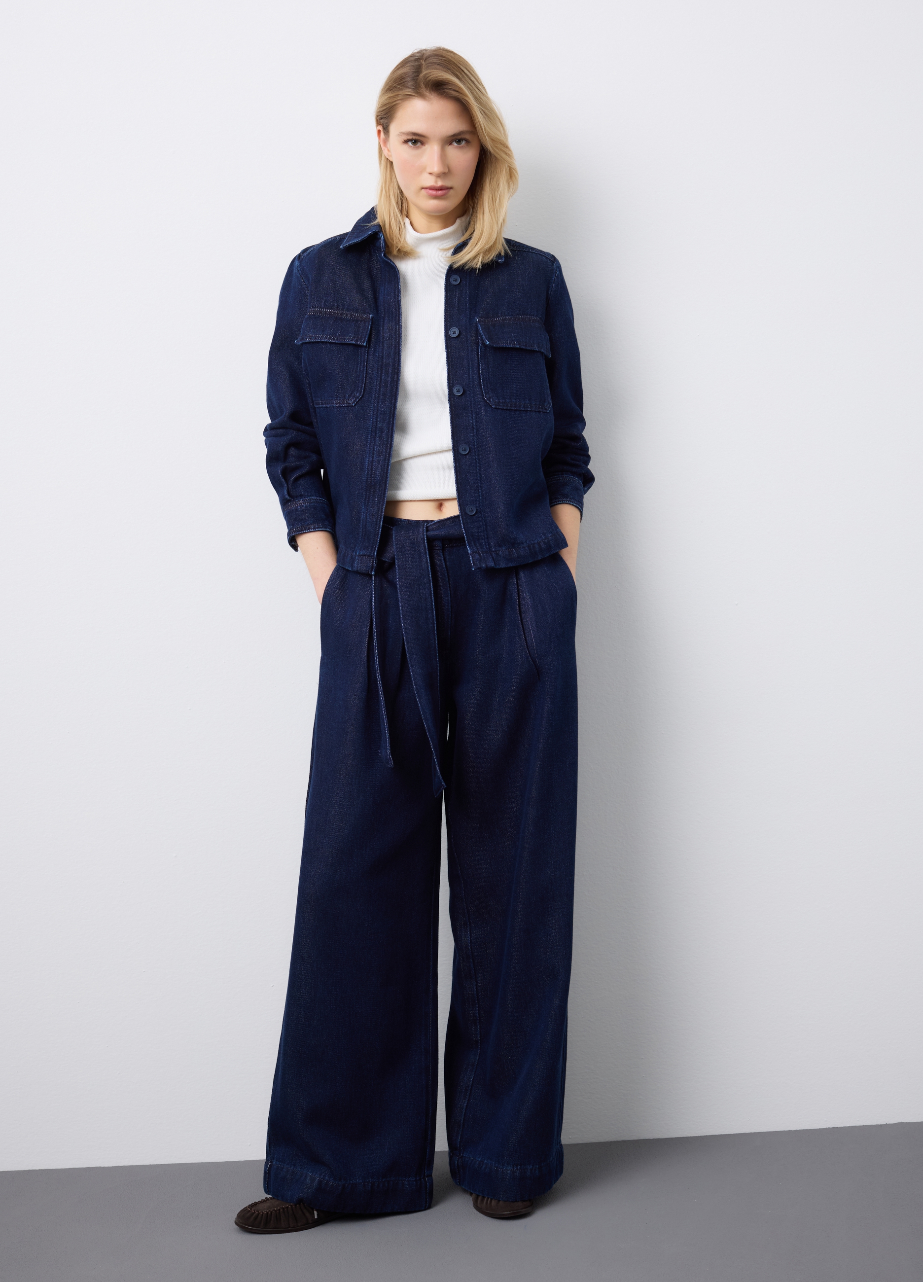 Stefanel - Pantaloni in misto cotone blu wide leg con cintura, Donna, Blu scuro, Taglia 48