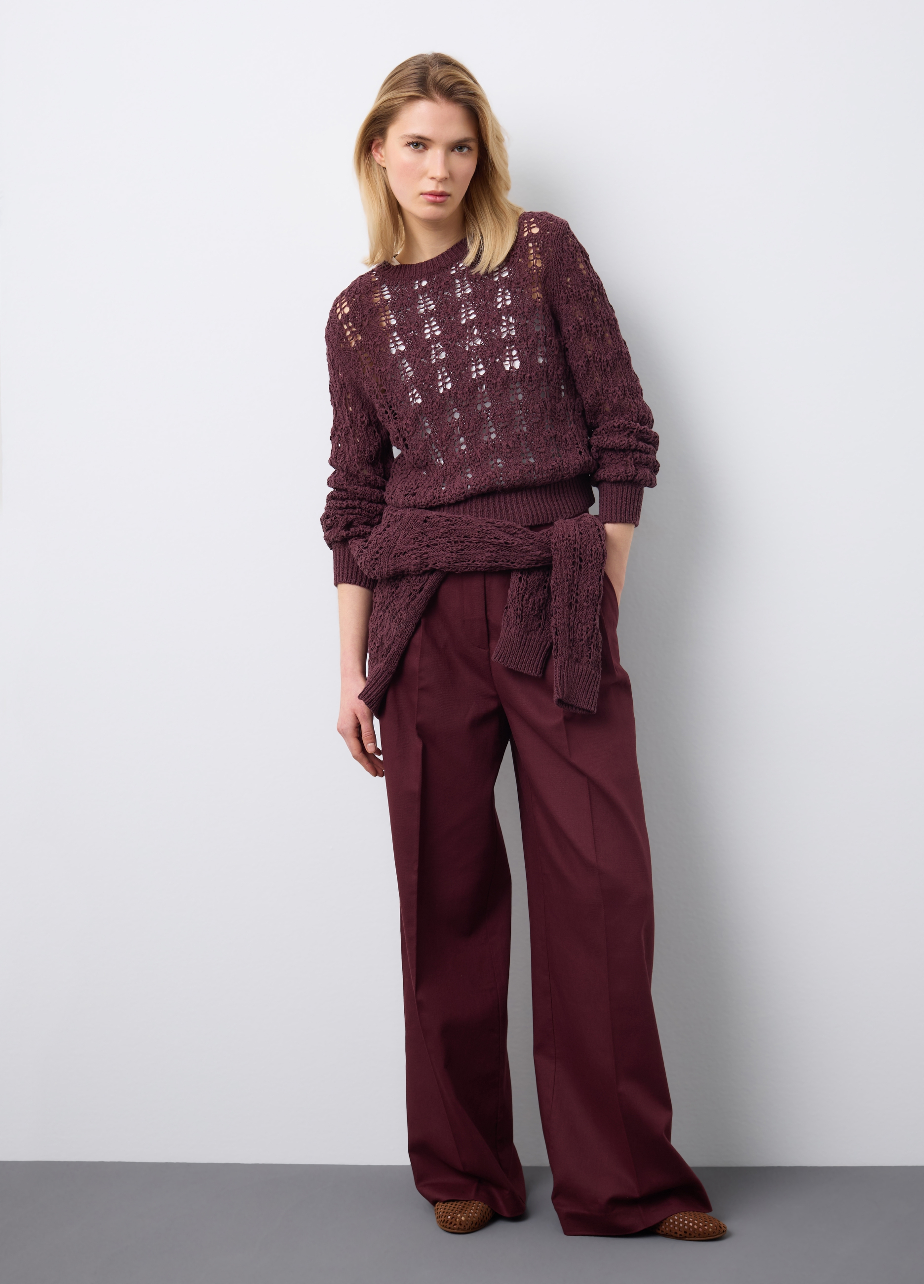 Stefanel - Pantaloni dritti in misto cotone e lino viola regular fit, Donna, Viola scuro, Taglia 48