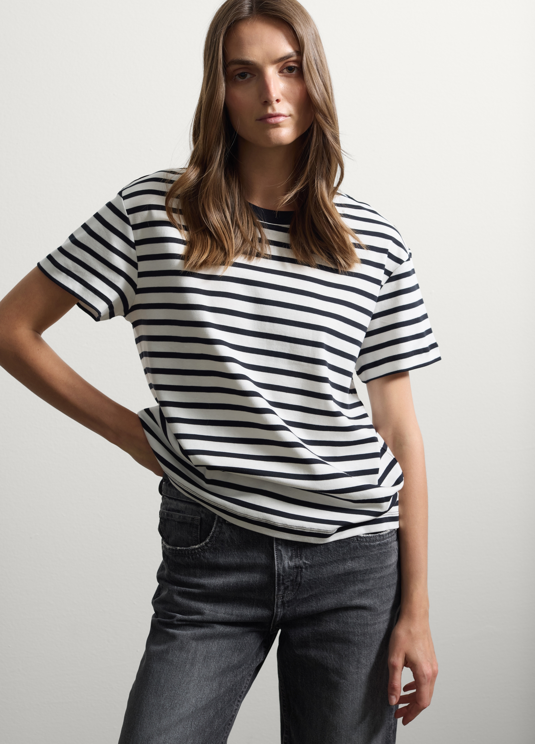 Stefanel - T-shirt in puro cotone multicolor regular fit, Donna, Bianco/Nero, Taglia XS